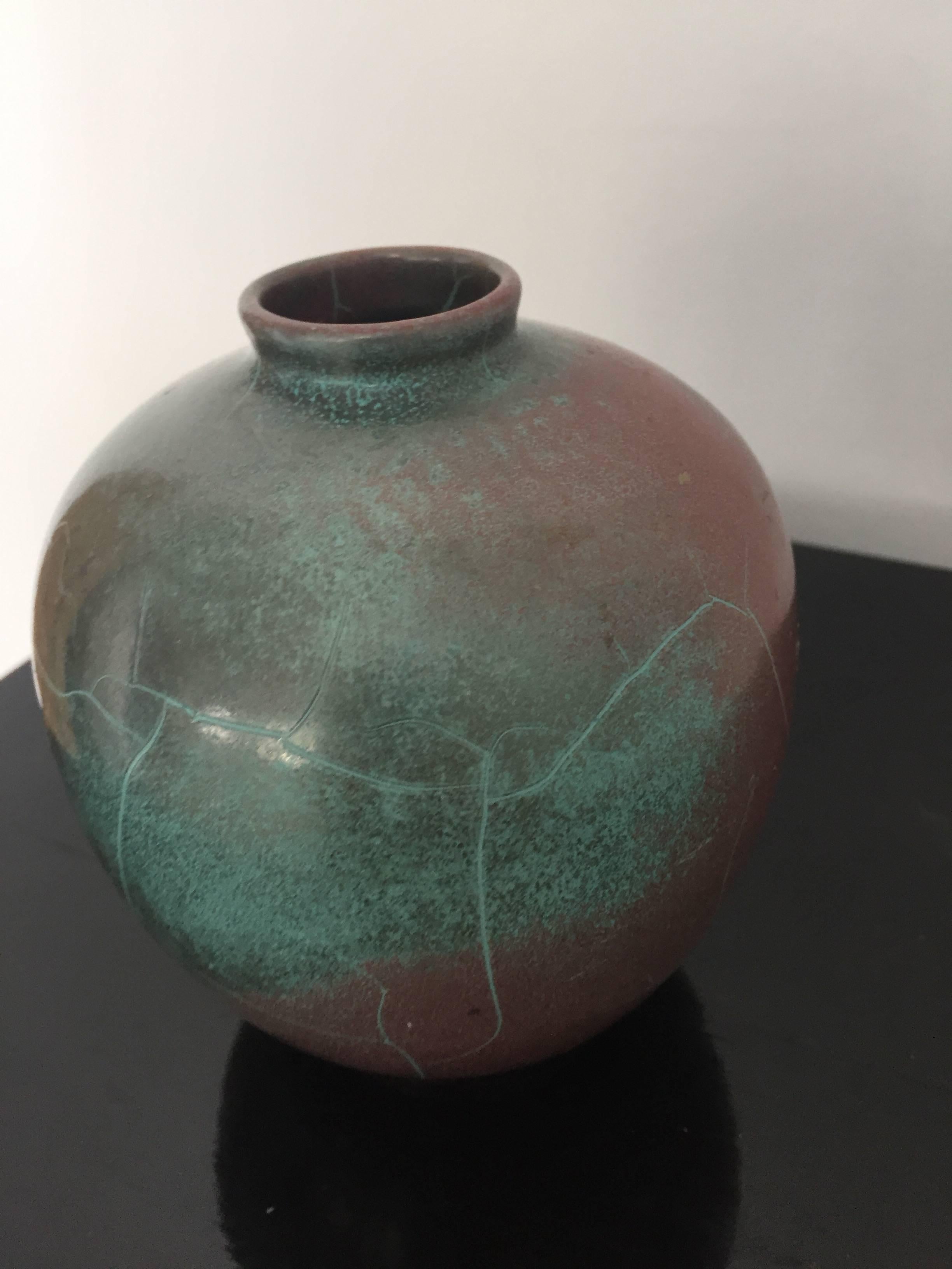 Modern Richard Uhlemeyer Vase and Jar Ceramic German Pottery Green and Terra Cotta Red For Sale
