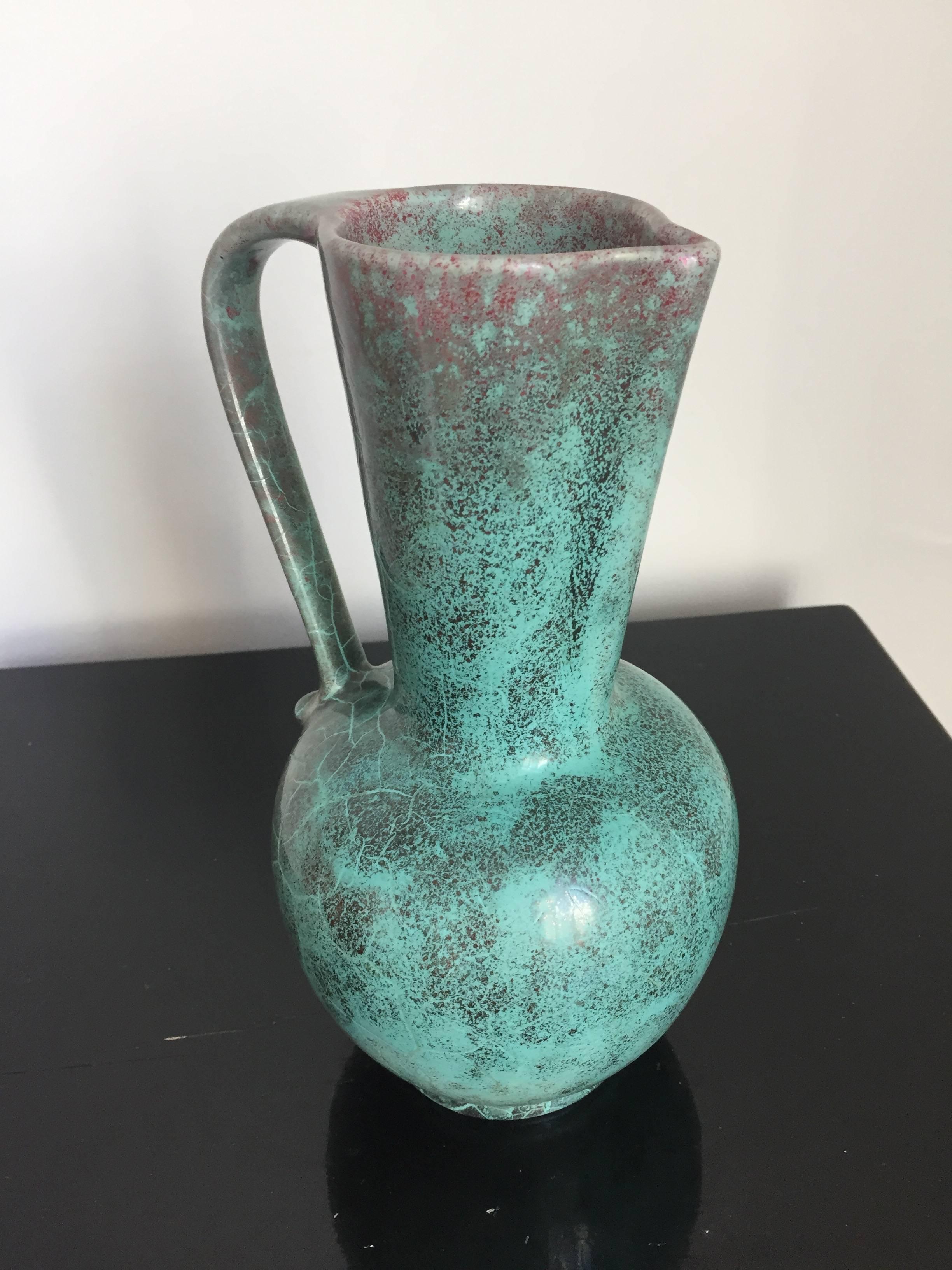 Mid-20th Century Richard Uhlemeyer Vase and Jar Ceramic German Pottery Green and Terra Cotta Red For Sale