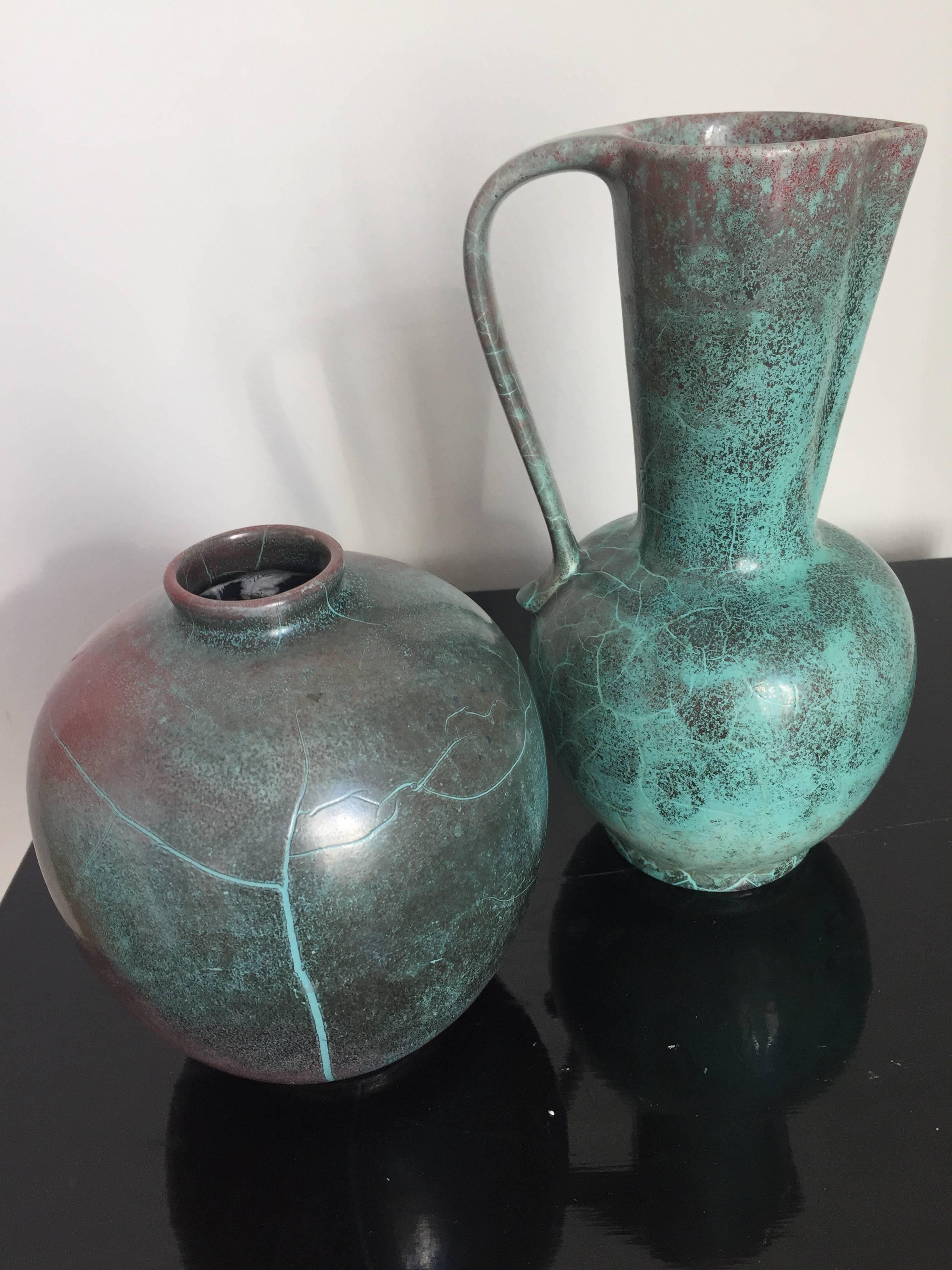 Richard Uhlemeyer Vase and Jar Ceramic German Pottery Green and Terra Cotta Red For Sale 3
