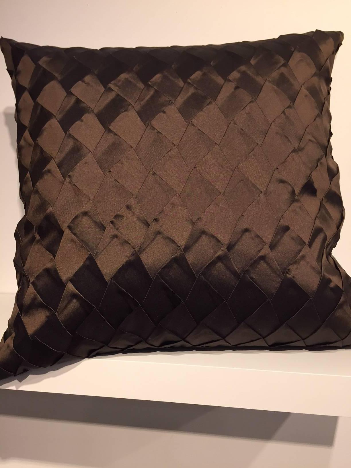One pair silk cushions with embossed front panel in steam pleated opal pattern, back panel plain silk, handwoven silk chase Erwin Diva color chocolate size 55 x 55cm, concealed zipper in the bottom seam, inner pad with feather, 