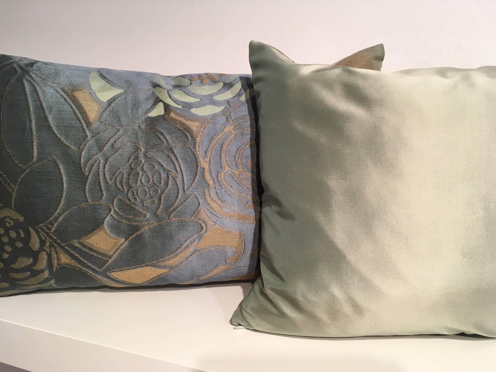 German Silk Cushions Modern Floral Pattern Colour Teal, Ice Green and Beige
