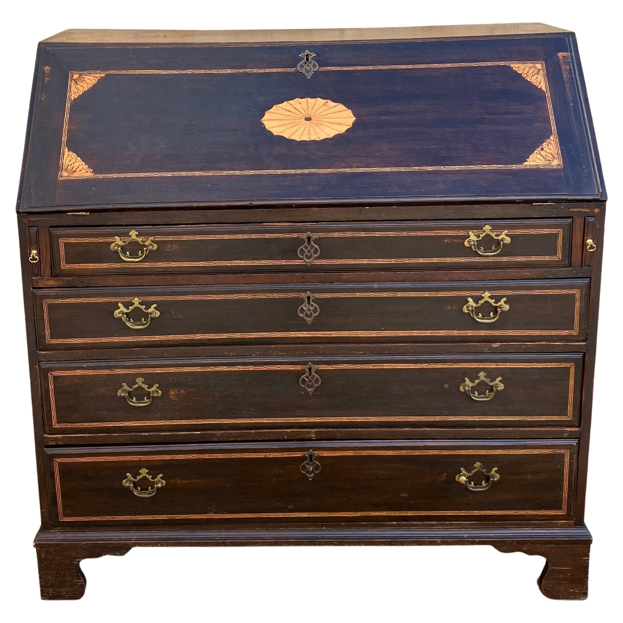 English Antique Georgian Inlaid Solid Oak Bureau / Secretaire c.1800