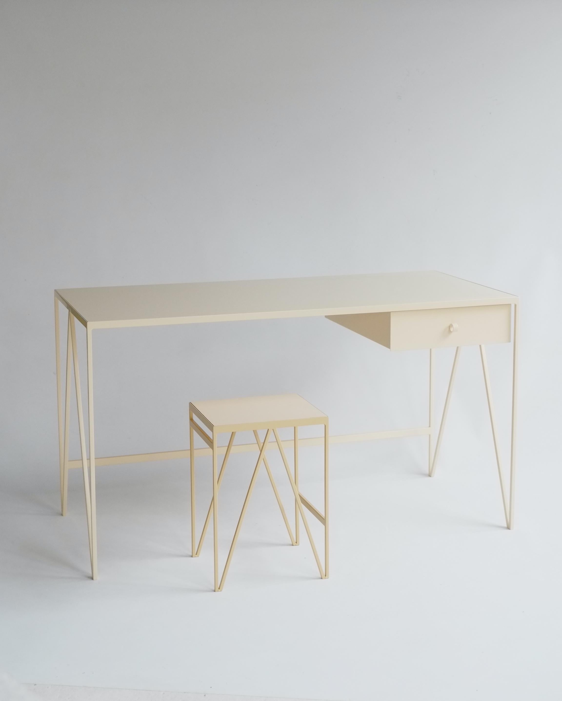 Modern Compact Cream Study Desk with Natural Linoleum Table Top & Drawer, Customisable For Sale
