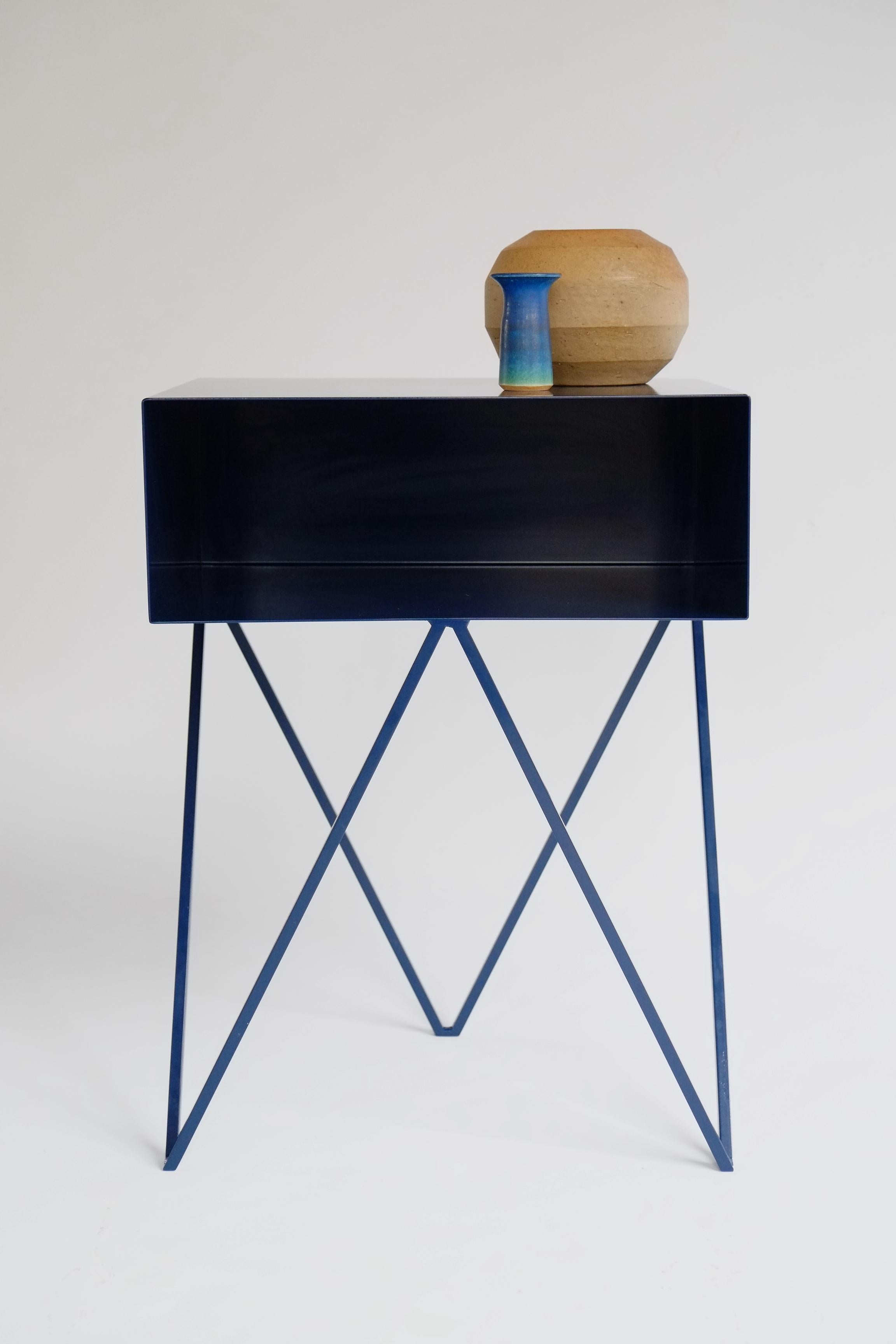 British Pair of Dark Blue Steel Robot Bedside Tables - Nightstands For Sale