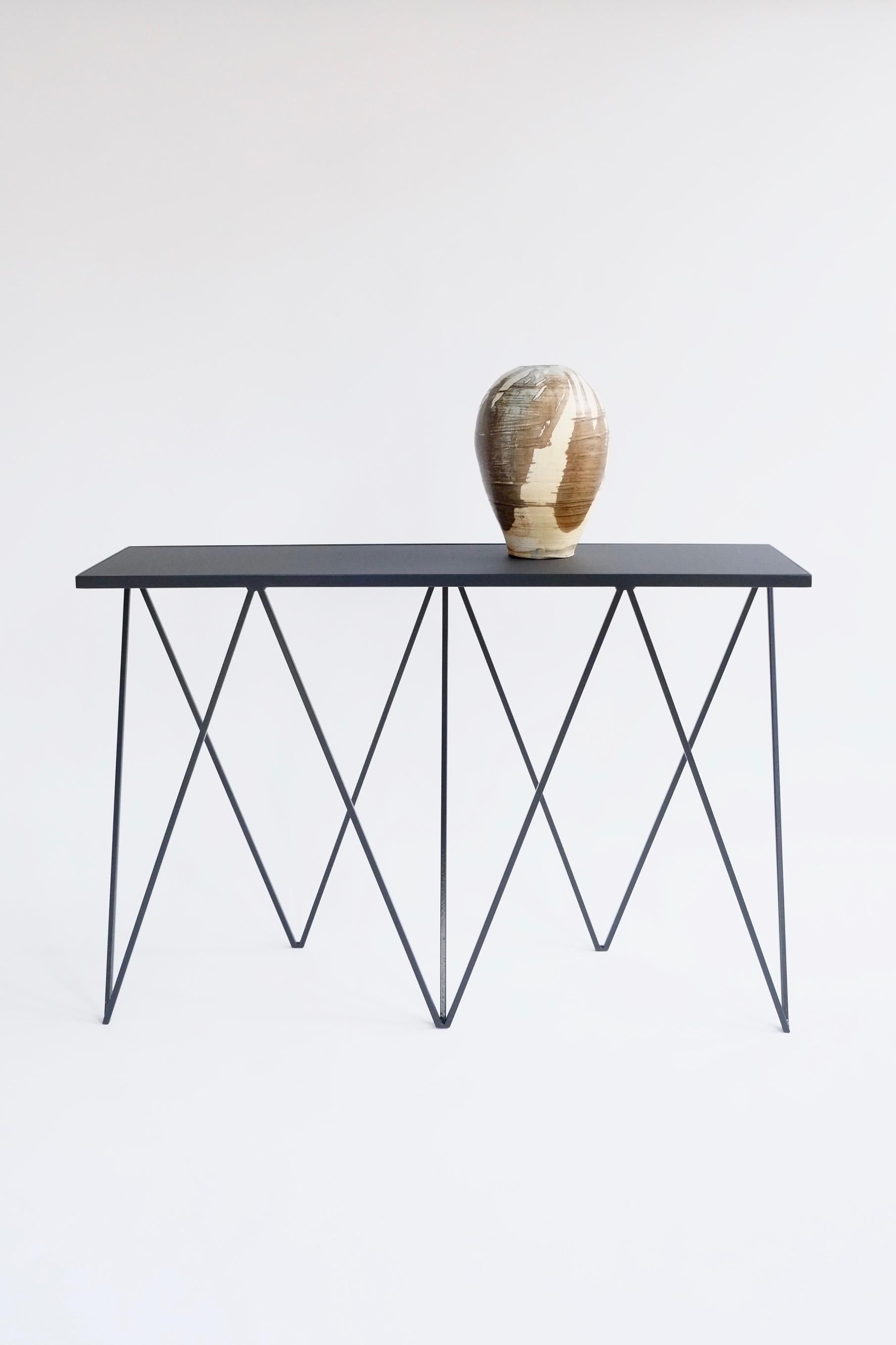 Burgundy Giraffe Console Table with Natural Linoleum Top - Customizable For Sale 1