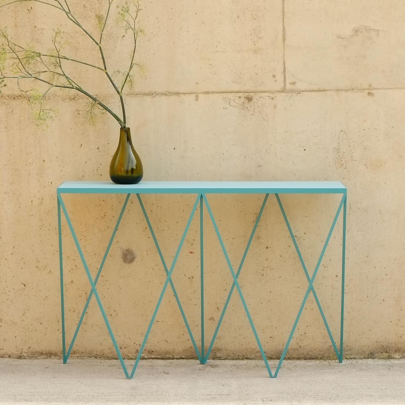 Burgundy Giraffe Console Table with Natural Linoleum Top - Customizable For Sale 3
