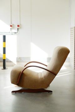 Fauteuil à bascule Art déco en chêne courbé, revêtement d'origine en laine, Angleterre, vers 1950