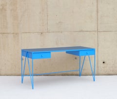 Large Bespoke Blue Study Desk with Linoleum Top and Drawer, Customizable