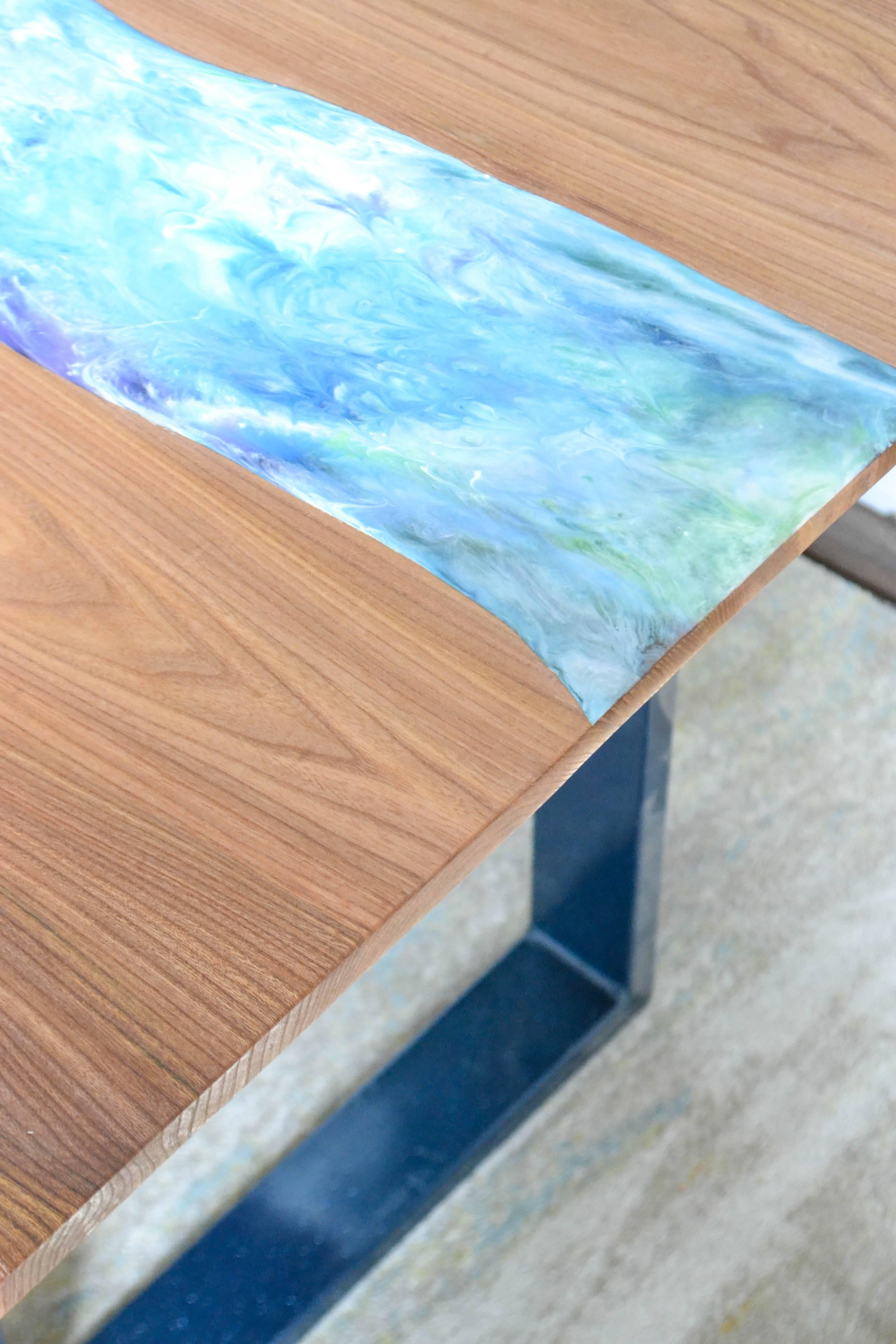 Contemporary Organic Modern Live Edge Elm Resin Art Dining Table For Sale
