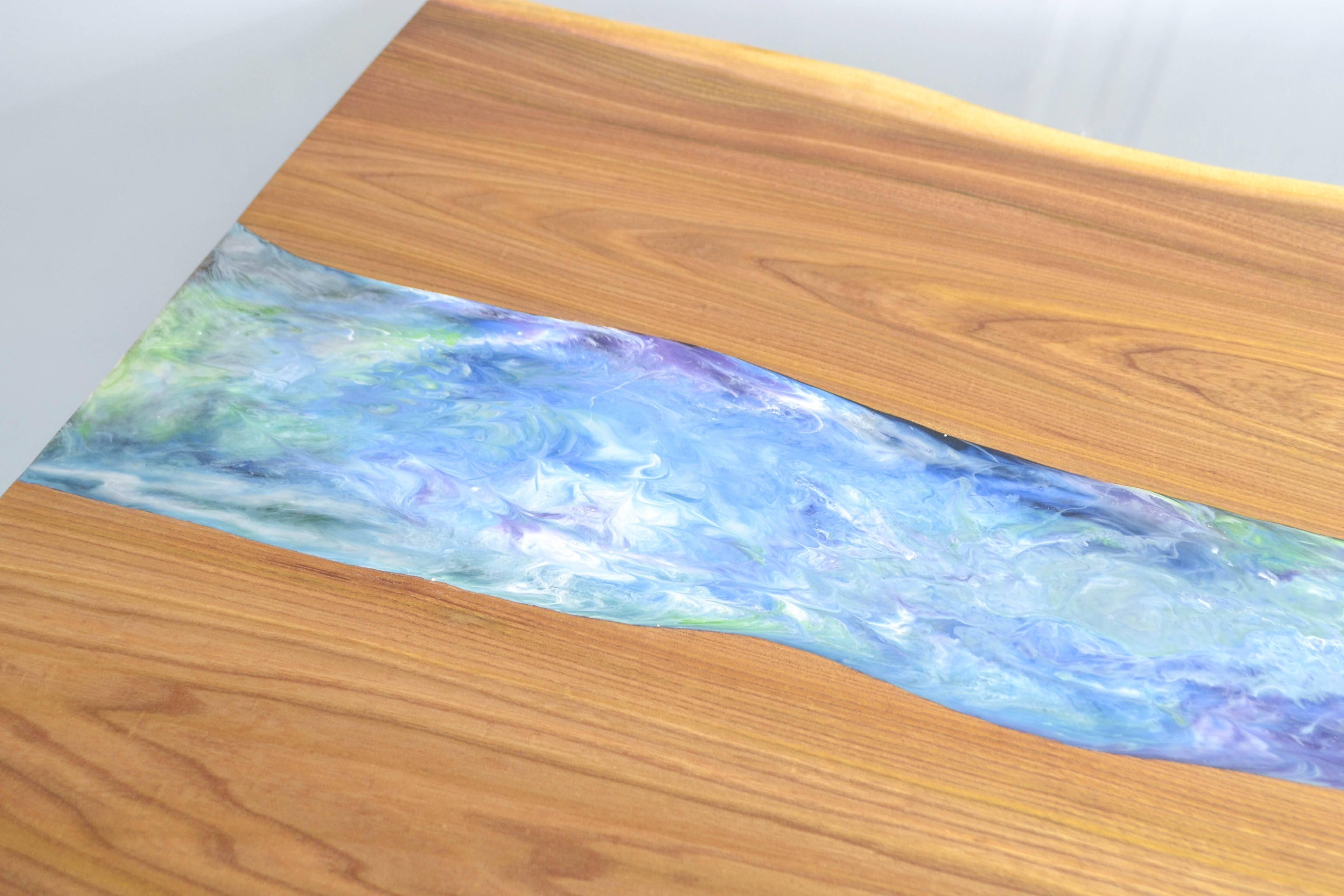 Hand-Crafted Organic Modern Live Edge Elm Resin Art Dining Table For Sale