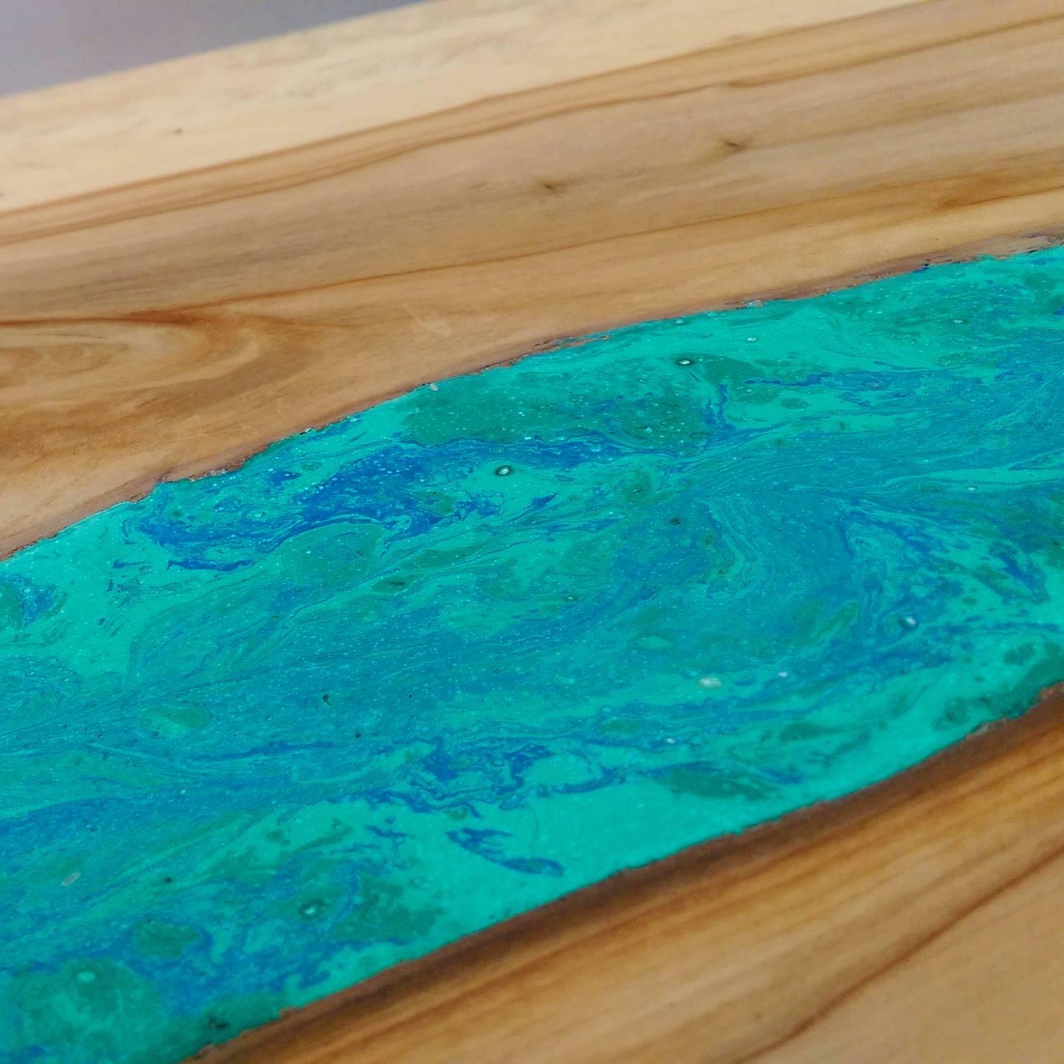 Hand-Crafted Live Edge Wood and Marbled Resin Dining Table For Sale