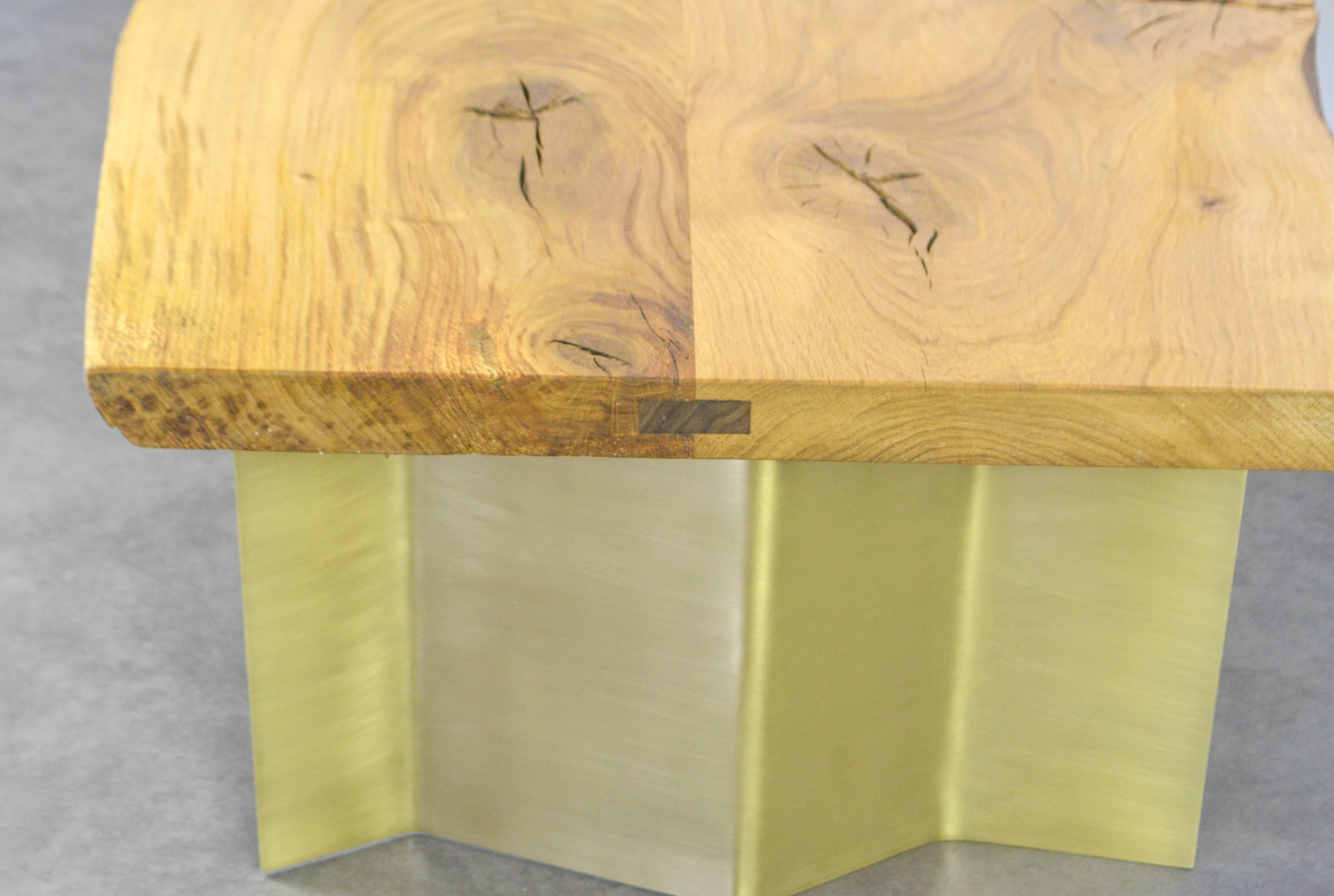 Plated Natural Live Edge Oak Coffee Table on Brass or Black Hand Bent Steel Wave Legs For Sale