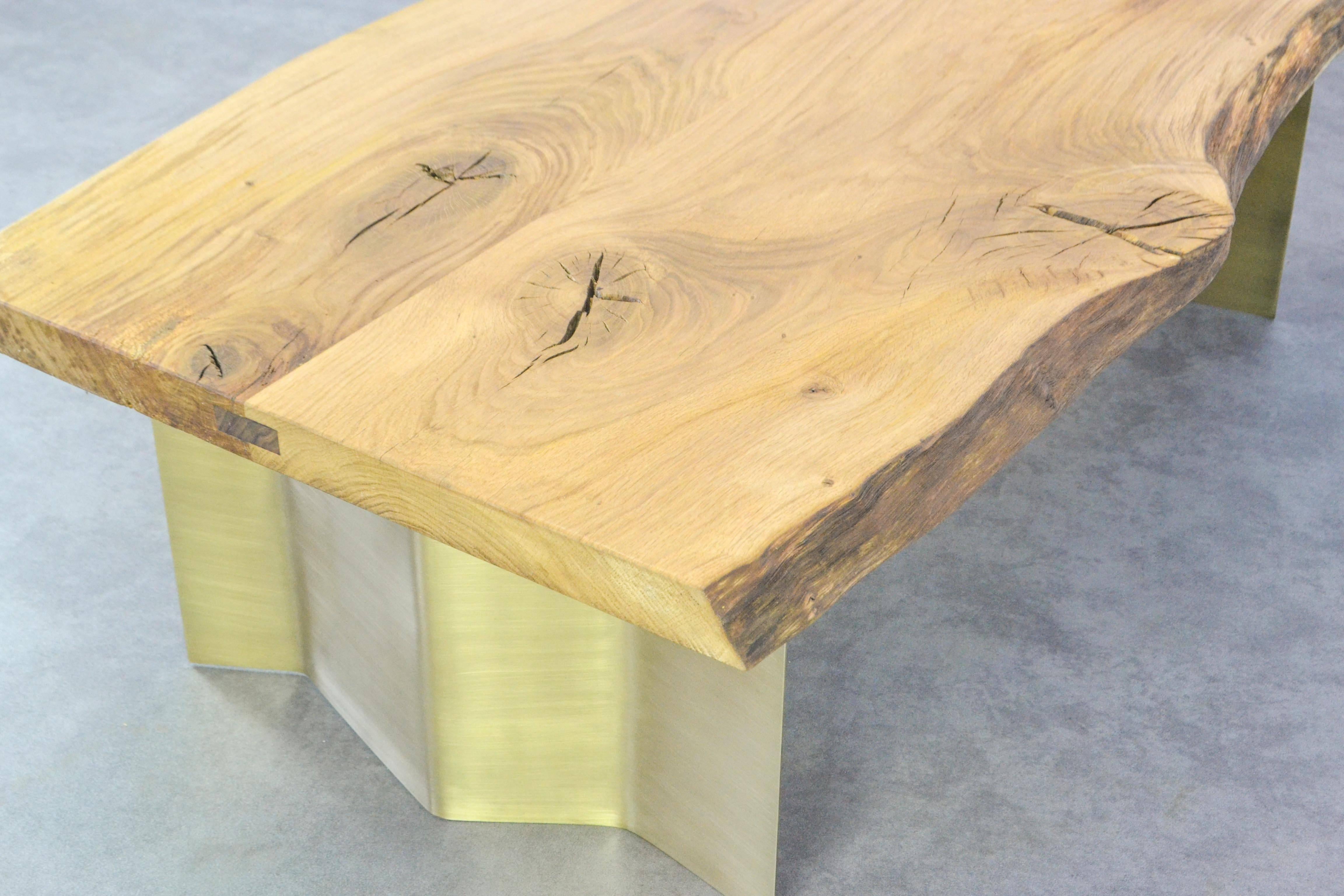 Contemporary Natural Live Edge Oak Coffee Table on Brass or Black Hand Bent Steel Wave Legs For Sale