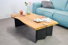 Natural Live Edge Oak Coffee Table on Brass or Black Hand Bent Steel Wave Legs