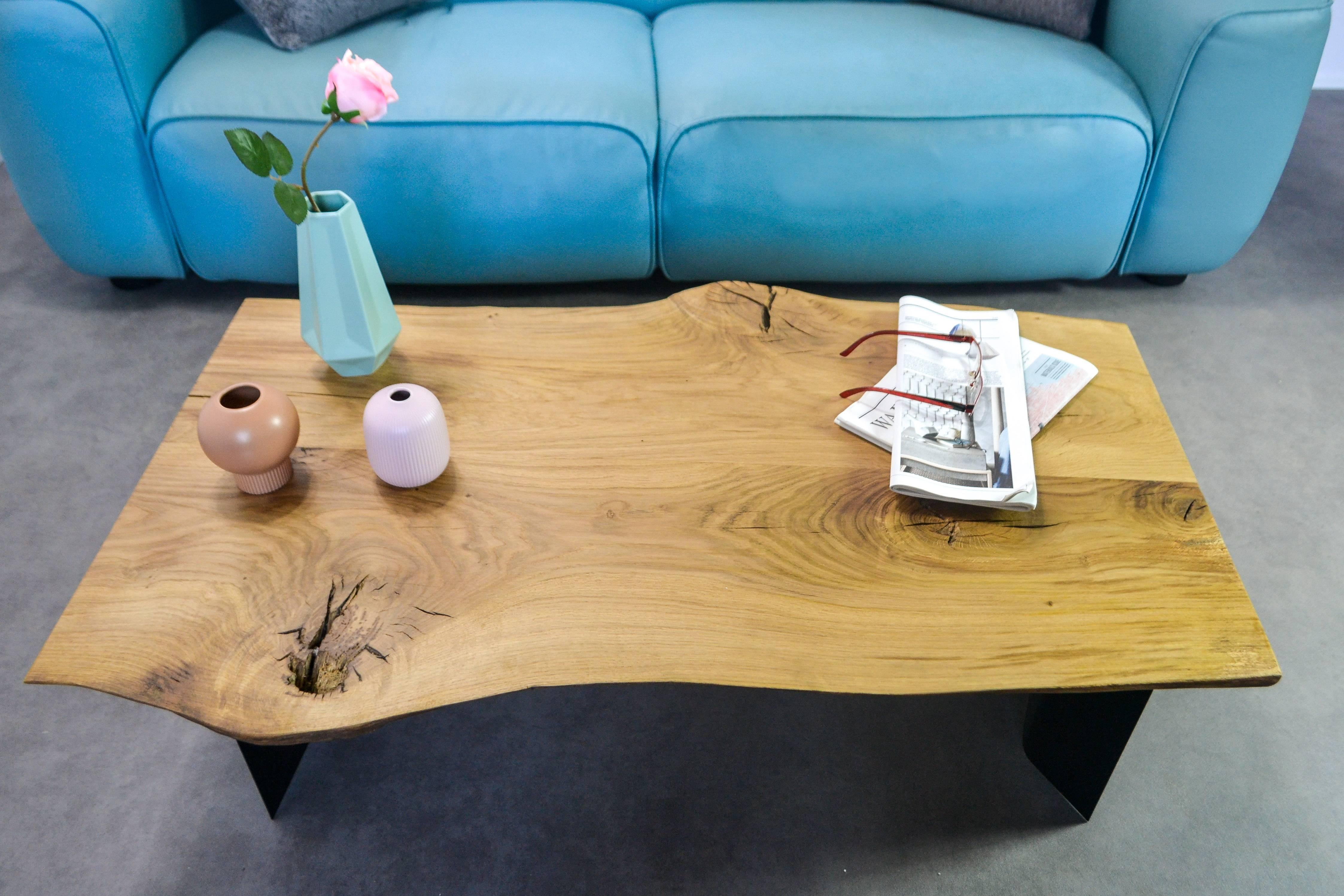 British Natural Live Edge Oak Coffee Table on Brass or Black Hand Bent Steel Wave Legs For Sale