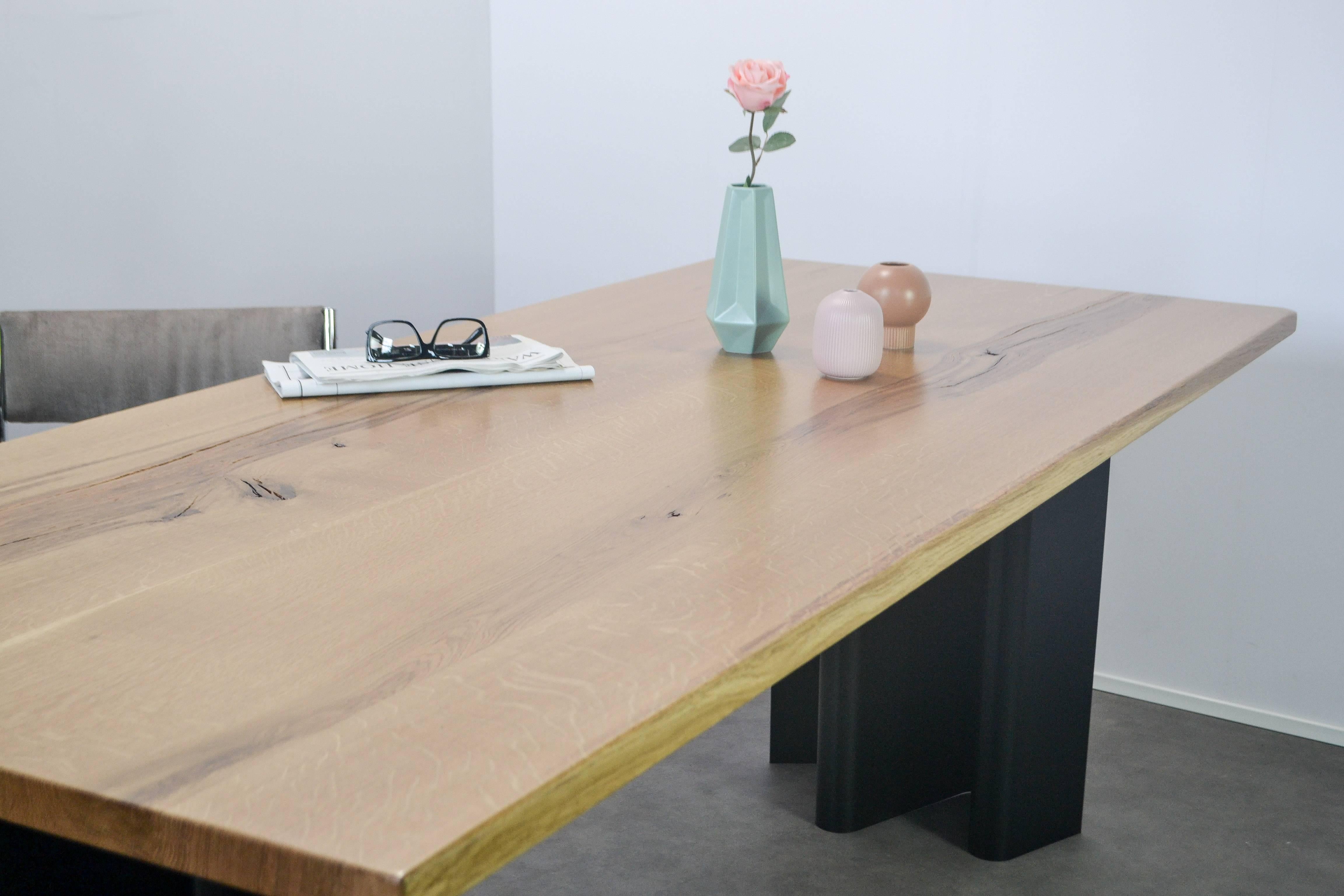 Organic Modern Natural Character Oak Slab Dining Table on Steel Ripple Base For Sale