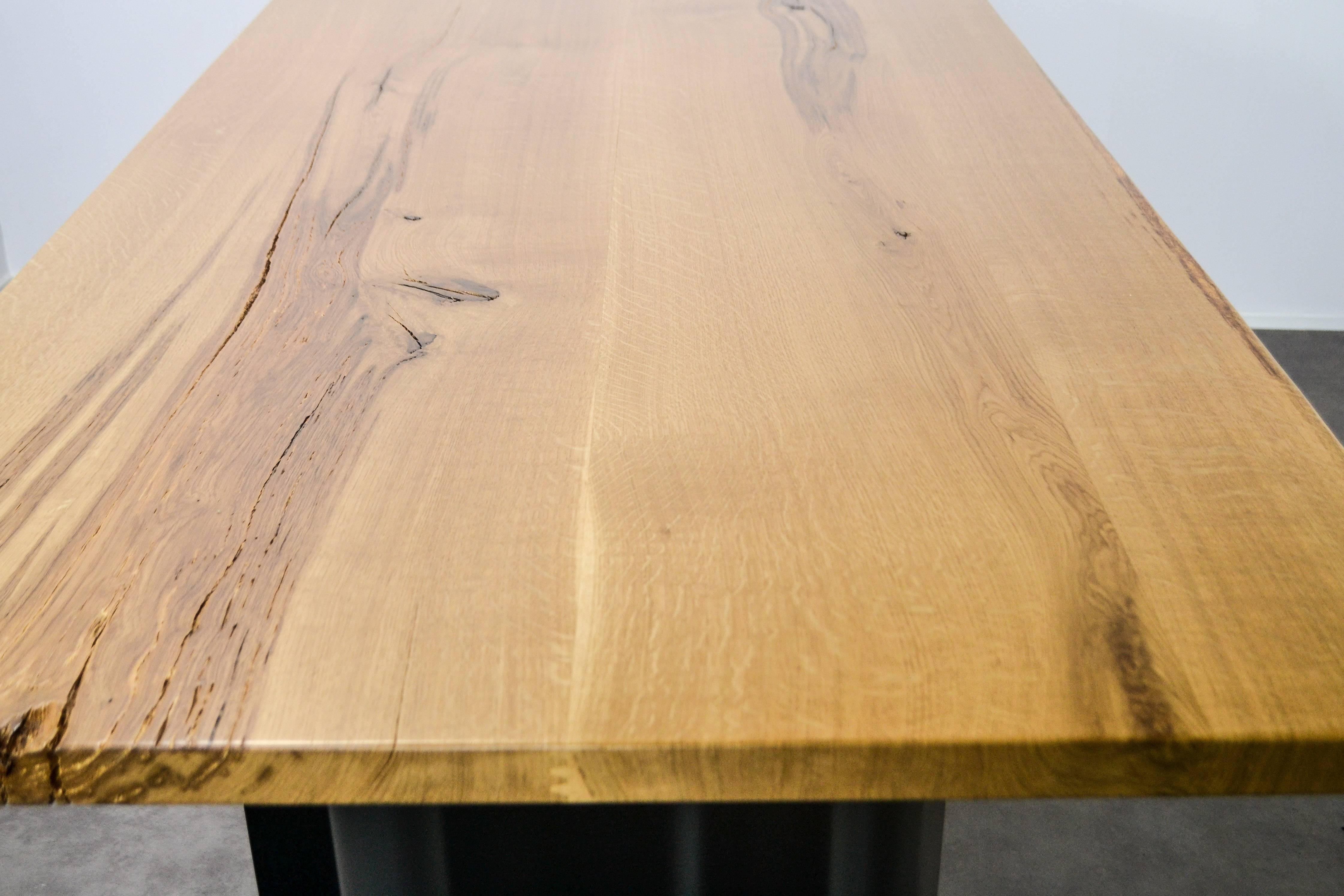 Powder-Coated Natural Character Oak Slab Dining Table on Steel Ripple Base For Sale