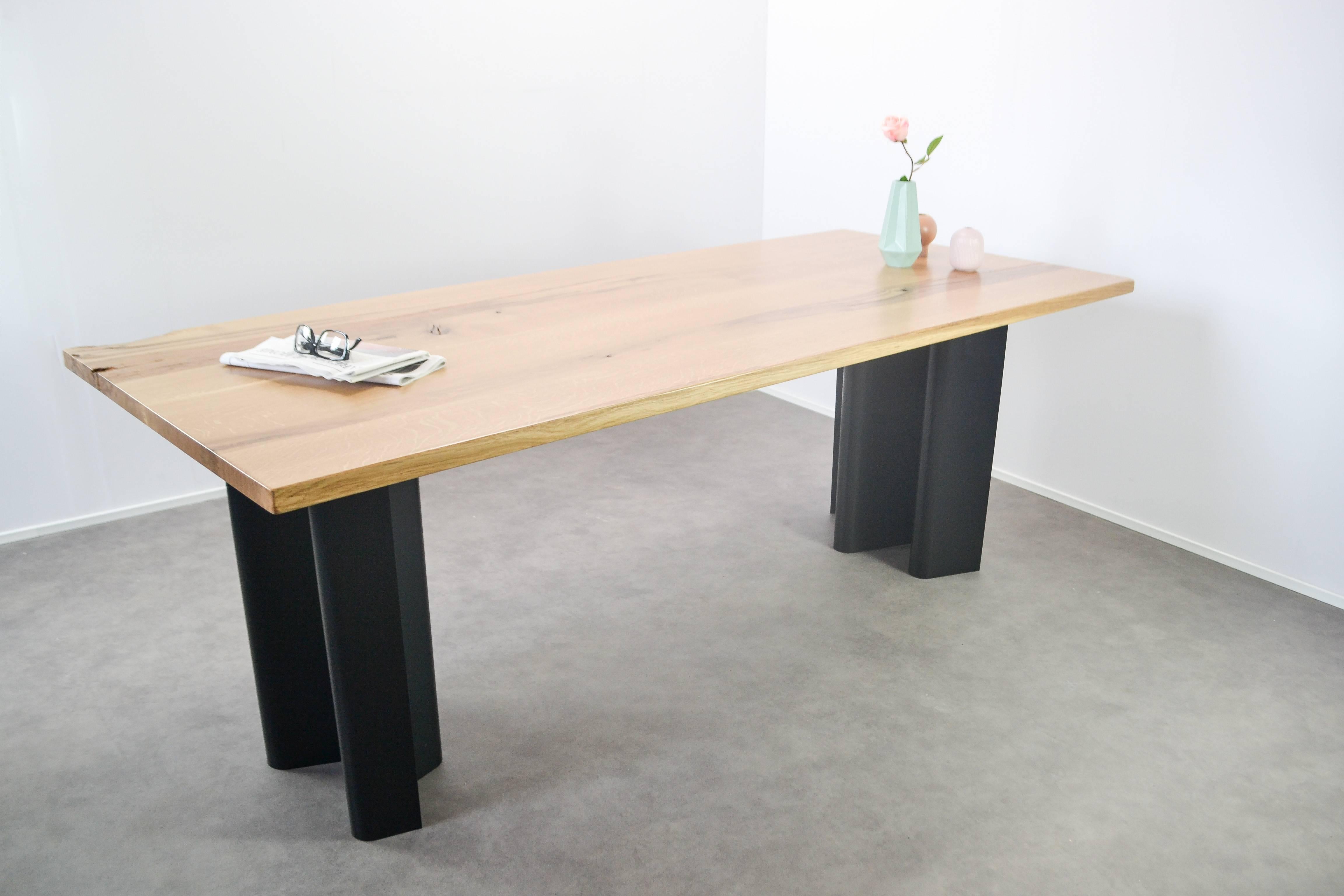Contemporary Natural Character Oak Slab Dining Table on Steel Ripple Base For Sale