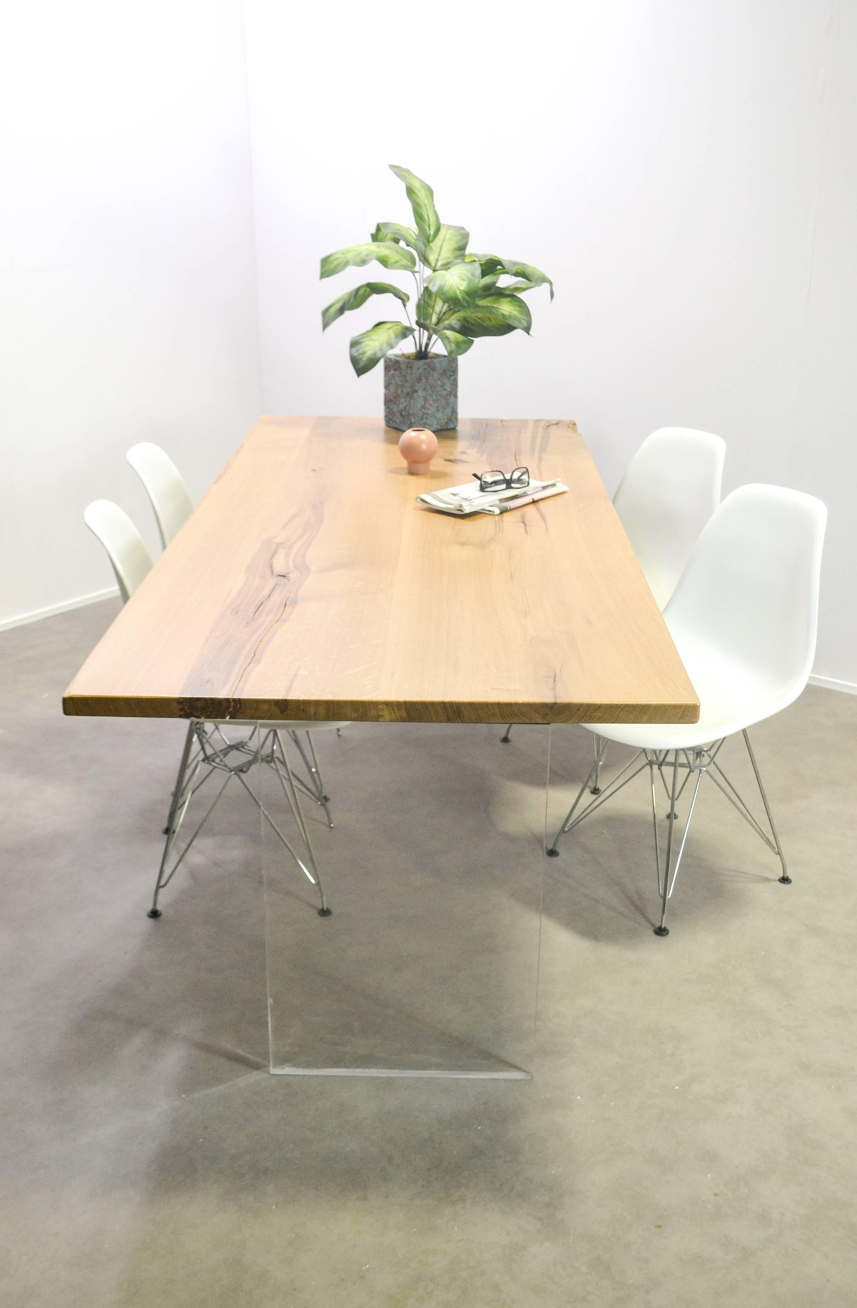 Organic Modern Natural Character Oak Slab Dining Table on Perspex Base For Sale