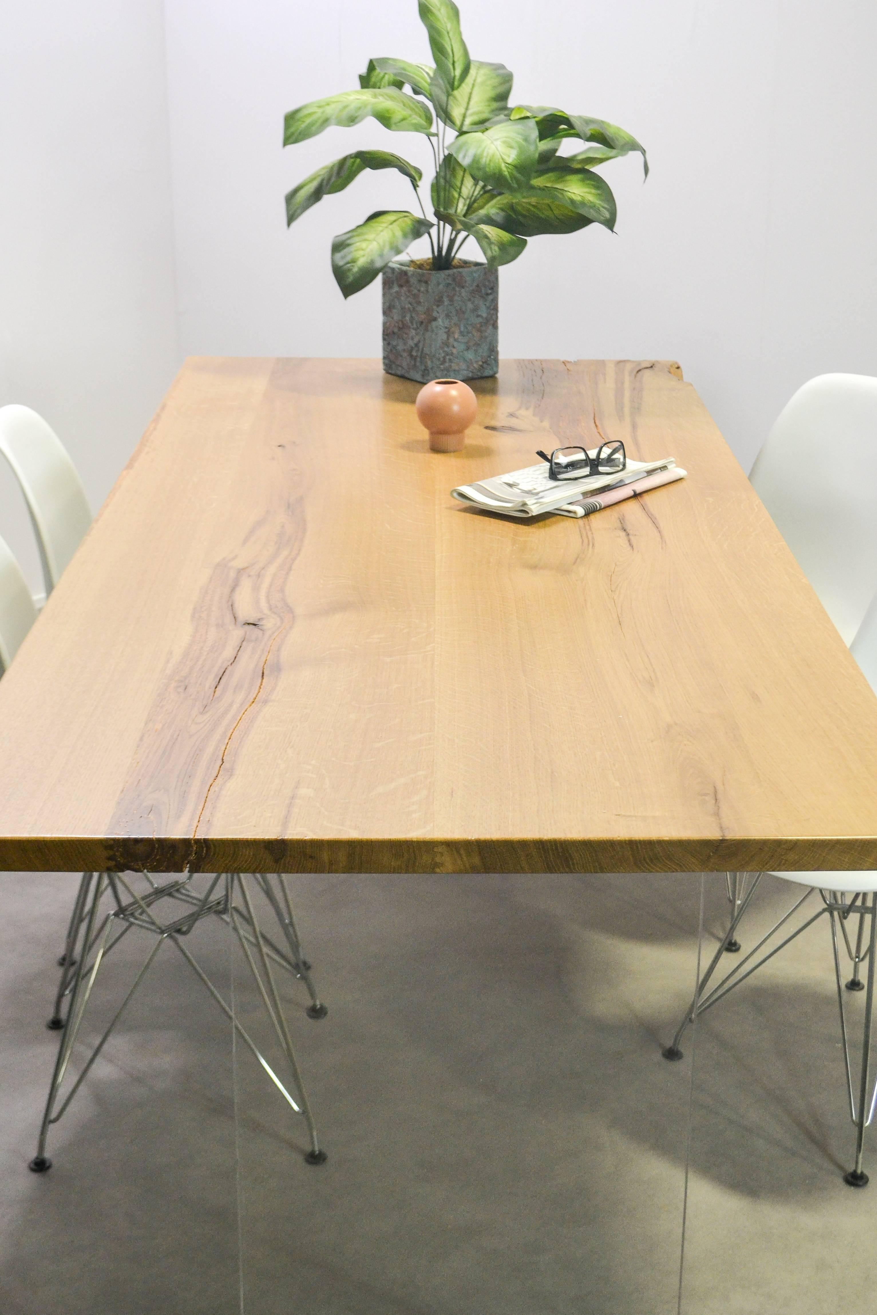 British Natural Character Oak Slab Dining Table on Perspex Base For Sale