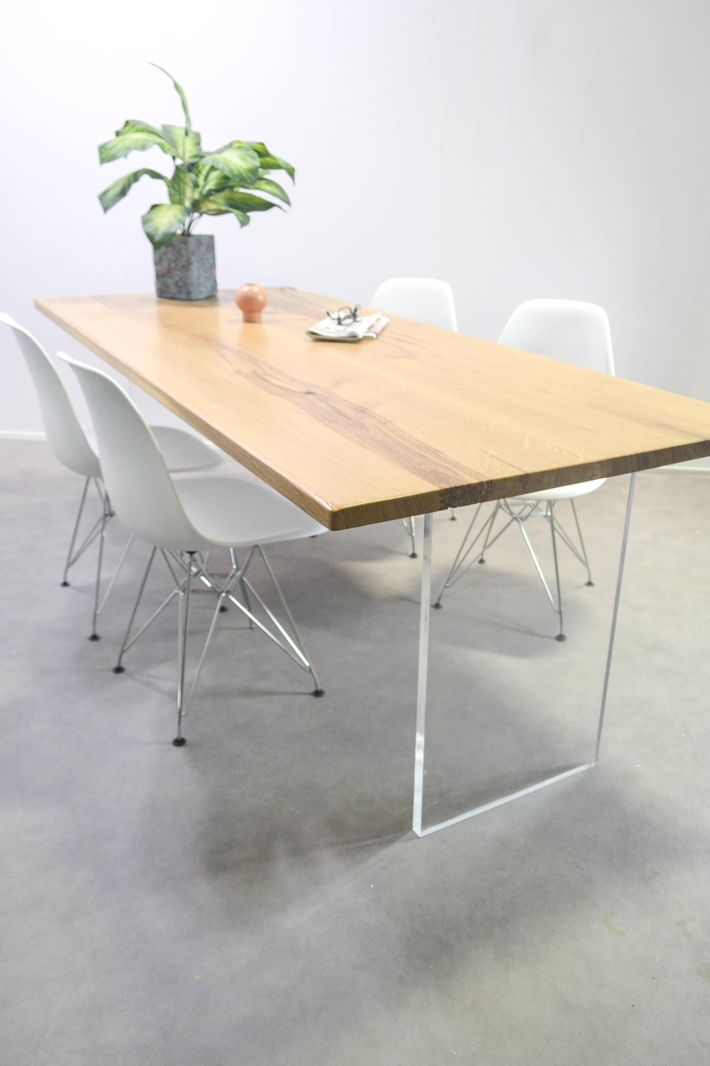 Cast Natural Character Oak Slab Dining Table on Perspex Base For Sale