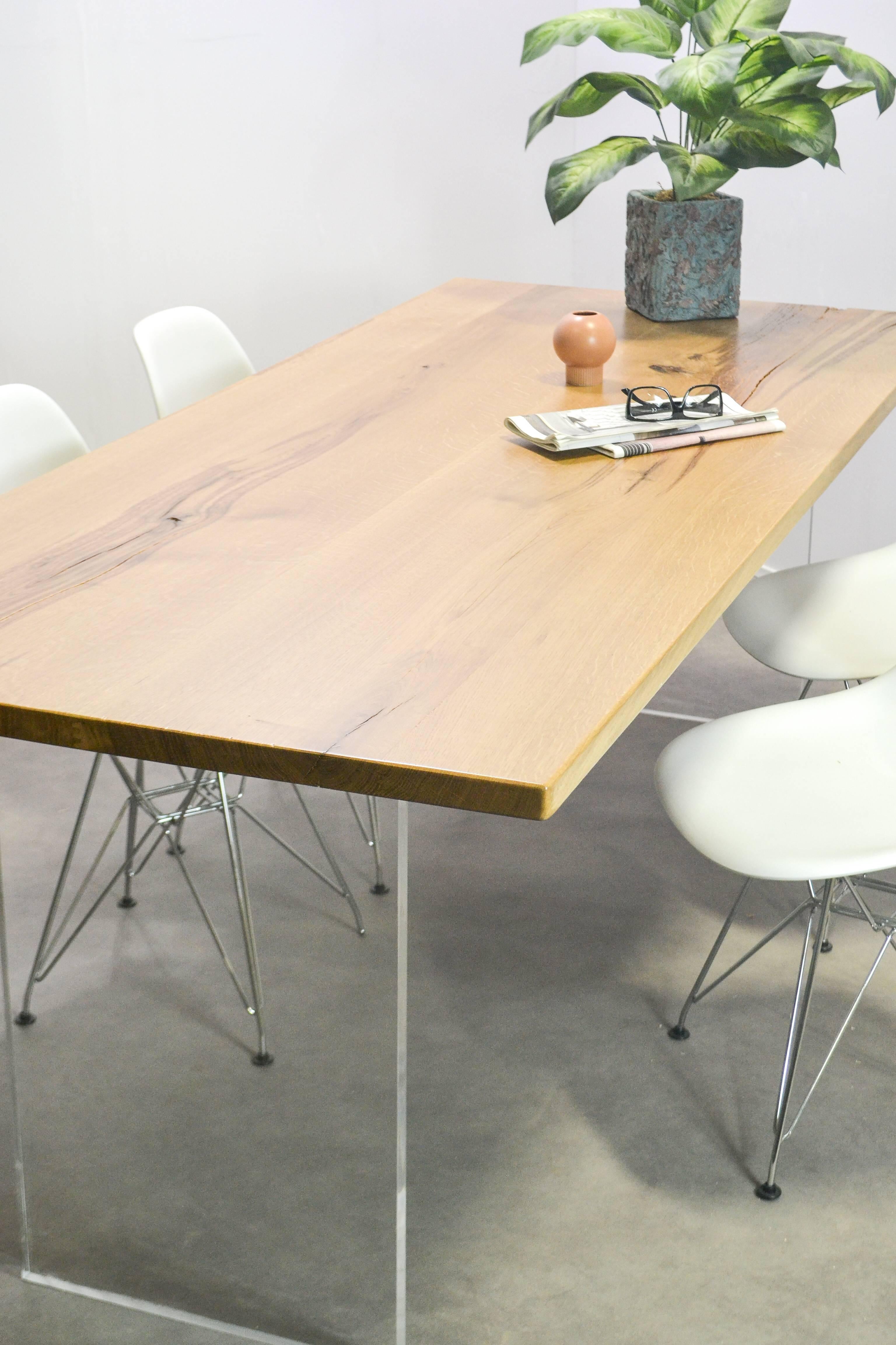 Acrylic Natural Character Oak Slab Dining Table on Perspex Base For Sale