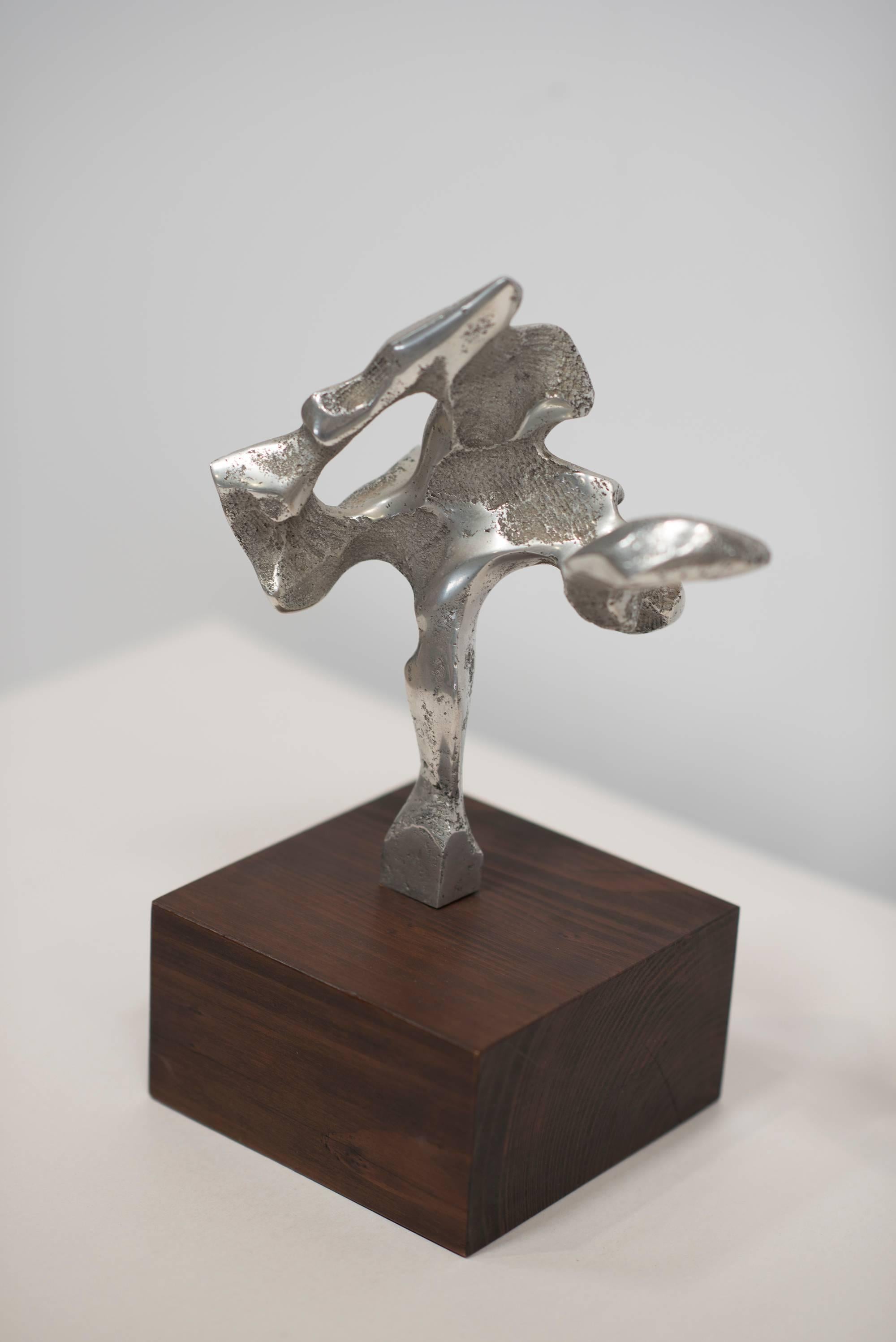 Mid-Century Modern ABSTRACT Metal Sculpture on WALNUT BASE For Sale