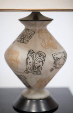 ITALIAN OVOID GLASS Table Lamps - Raised Gilt & Black Abstract Motifs [PAIR]