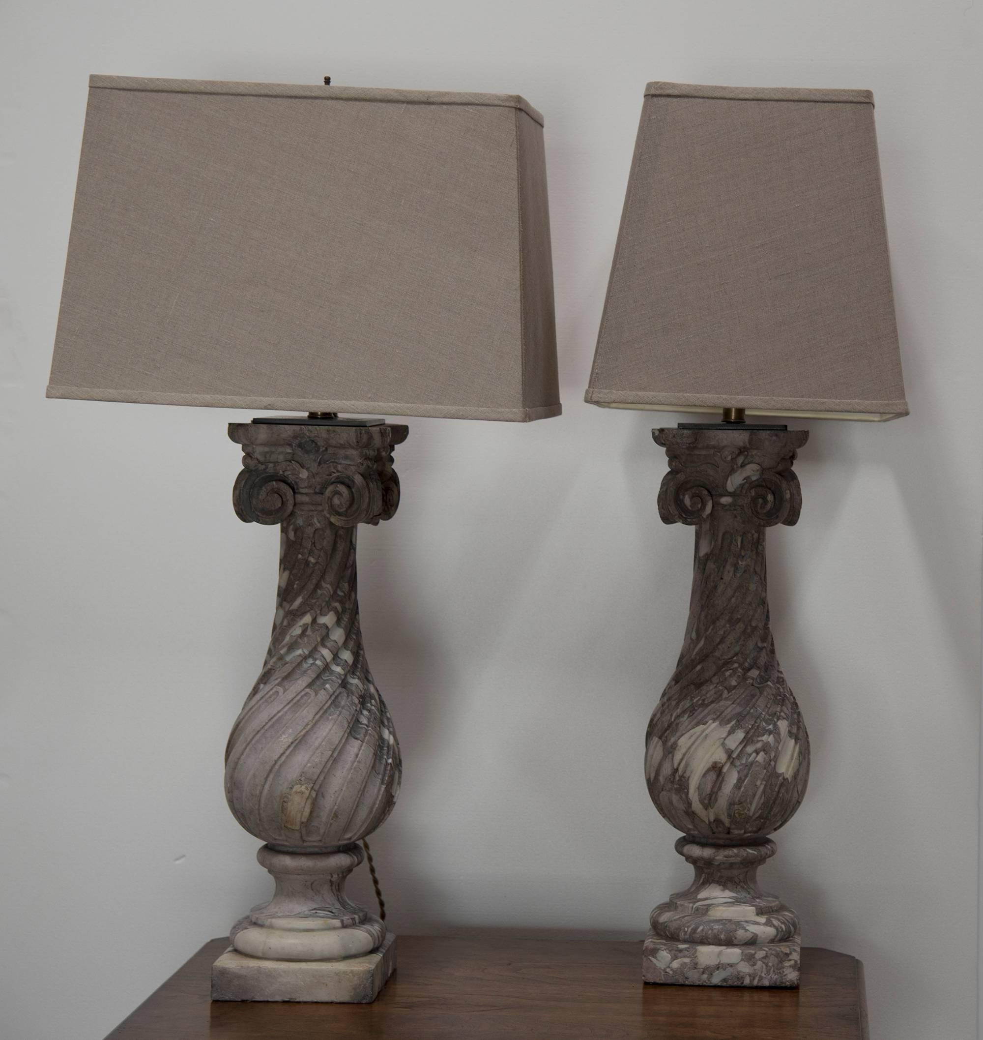 20th Century Pair of Belgian Black Marble Sculptured Table Lamps