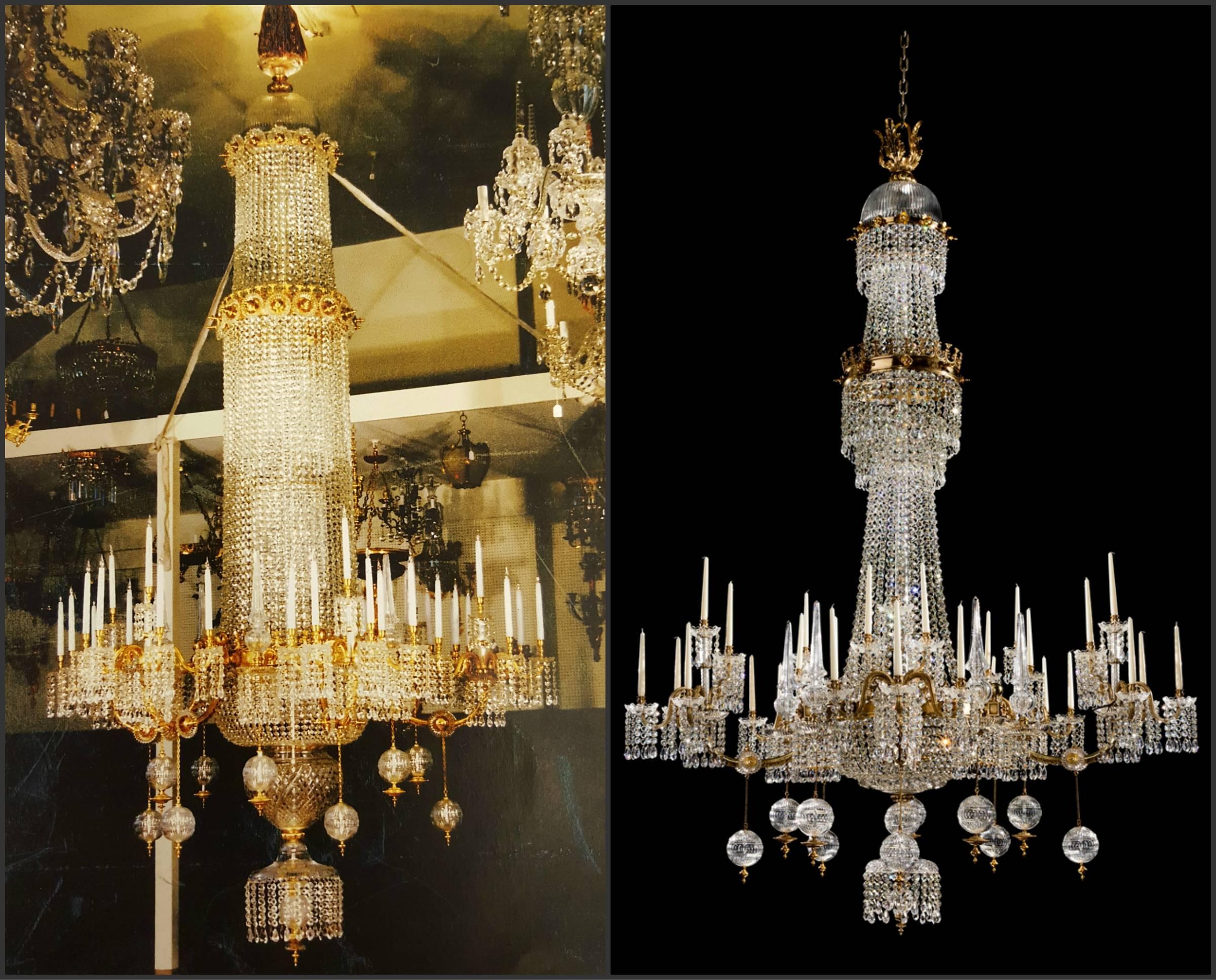 A magnificent pair of chandeliers originally designed for use with gas, they have been adapted to hold wax candles, each of the five arms holding six candles and can be wired for electricity if required. Restoration works included the manufacture of