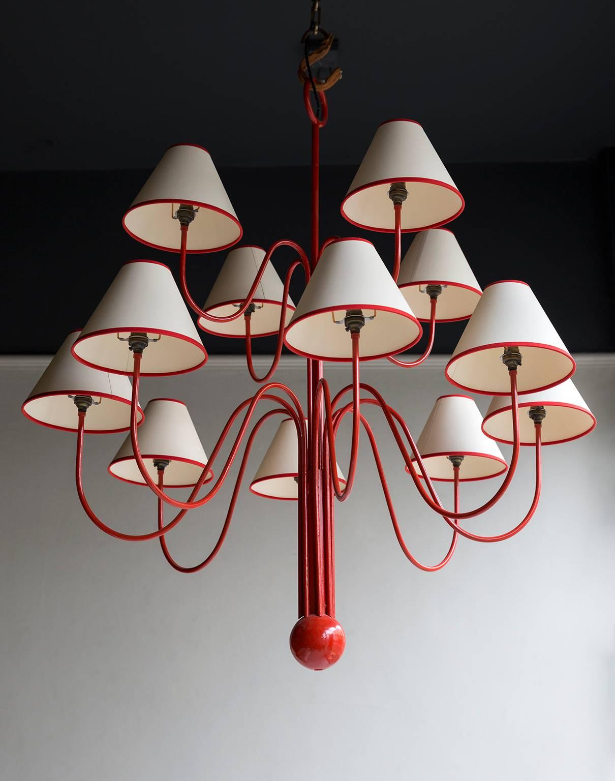 An original mid-20th century tubular steel chandelier (or lustre bouquet) attributed to Jean Royere, re-lacquered and akin to other well documented examples, French, circa 1950.

Jean Royère (1902-1981) studied the classics at Cambridge University