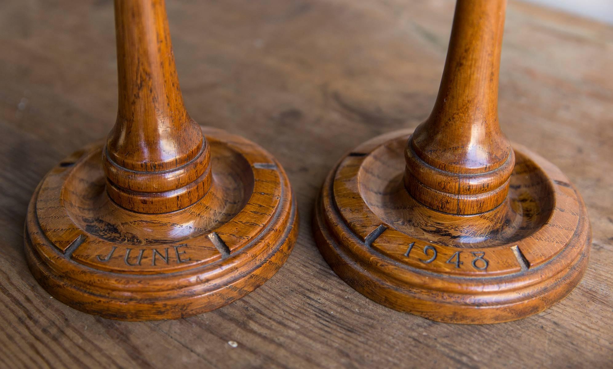 Arts and Crafts Pair of Post-War Turned Wooden Arts & Crafts Oak Candlesticks For Sale
