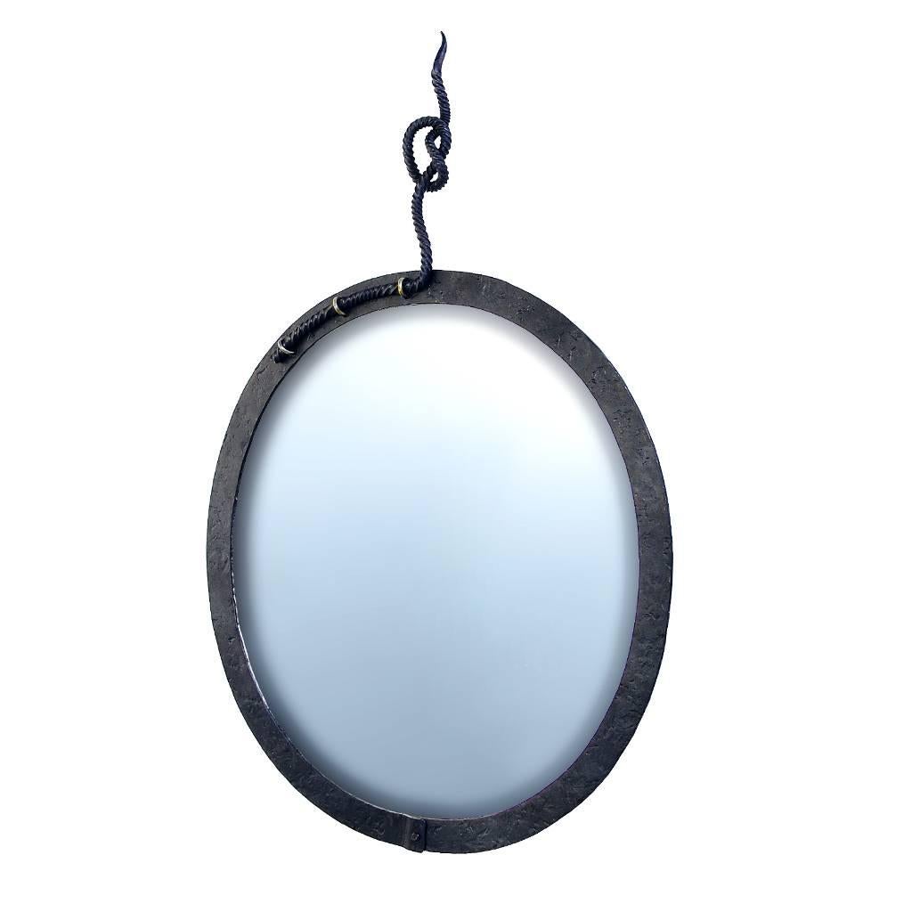 Hand Forged, Sculptural, Modern, Nautical Wrought Iron Mirror with Rope Detail For Sale