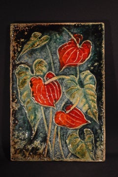 Majolika Karlsruhe Ceramic Art Plate Anthurium Werner Meschede