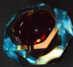 Large, Heavy Flavio Poli Sommerso Murano Ashtray 1950s Faceted Red Blue Glass