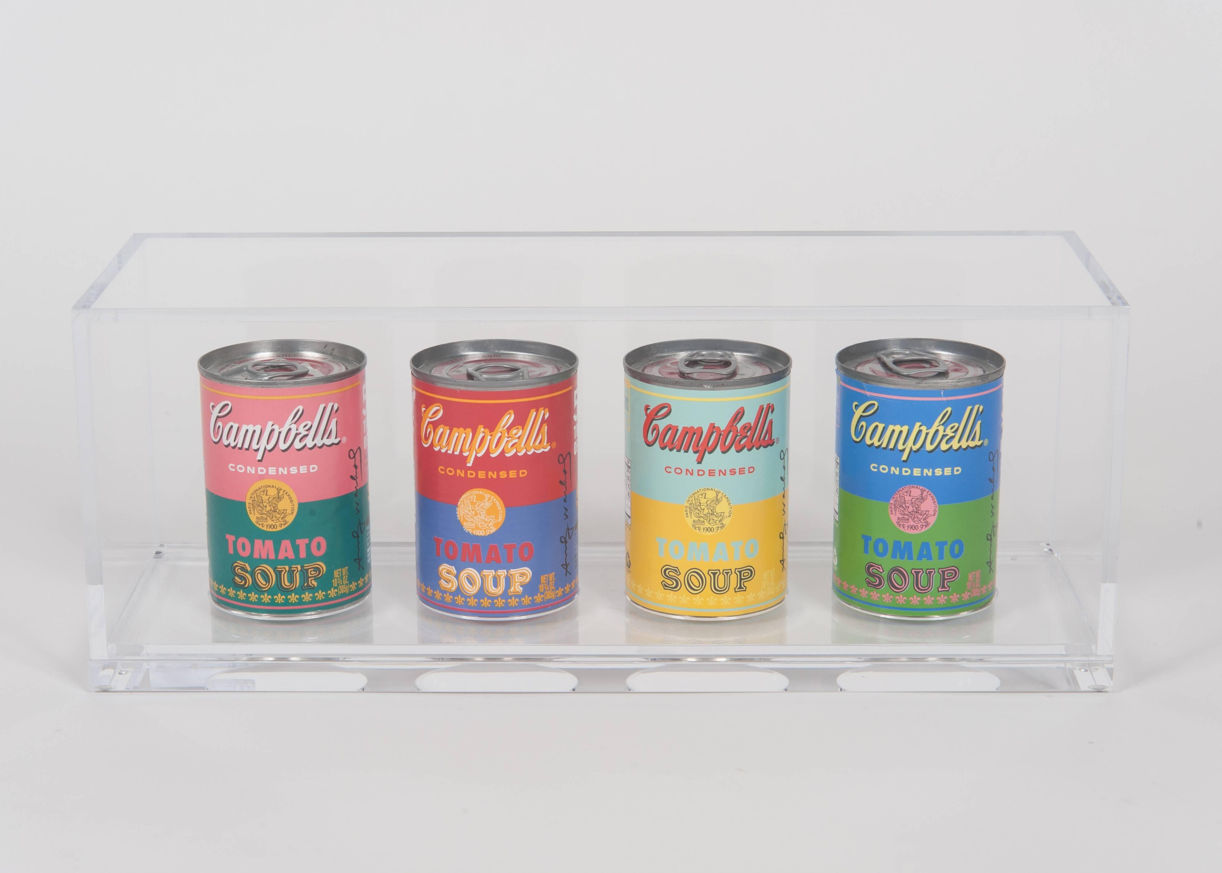 Andy Warhol for target limited edition Campbell soup four can display in custom acrylic display box. Two sets available.
Issued to celebrate the 50th anniversary of Warhol's first showing of his paintings of the soup cans. The labels come in four