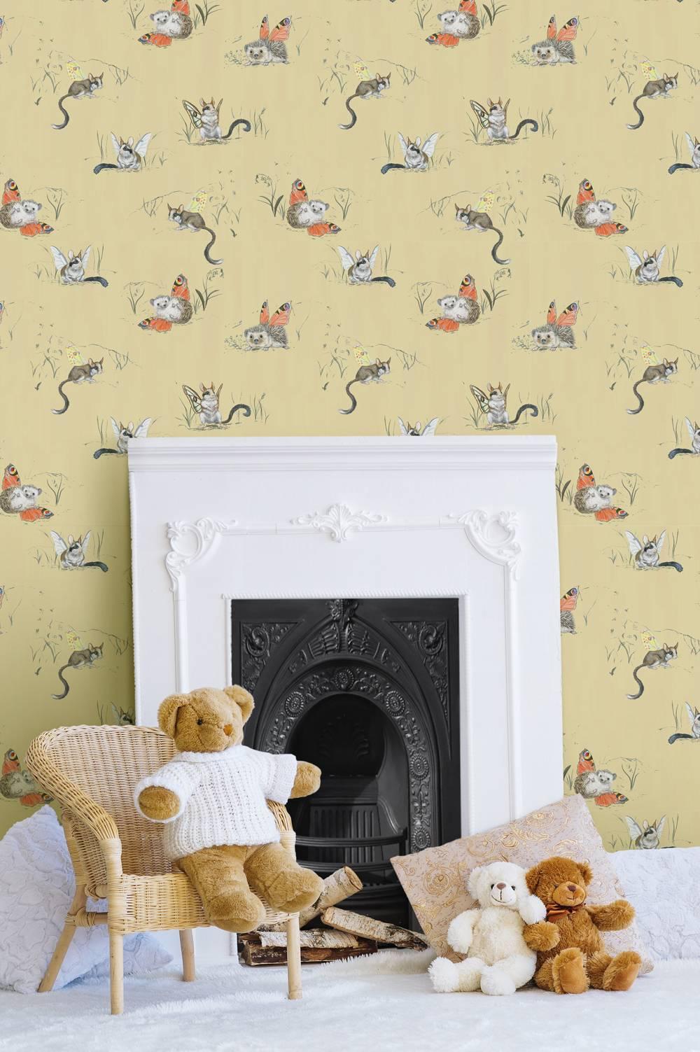 Winged hedgehog and dormouse wallpaper is created By Frederick Wimsett for Flat Space Design. 

This is from the for the very young collection.

Available in five different colors.

£80 pounds per linear metre. Min order 5 liner metres.