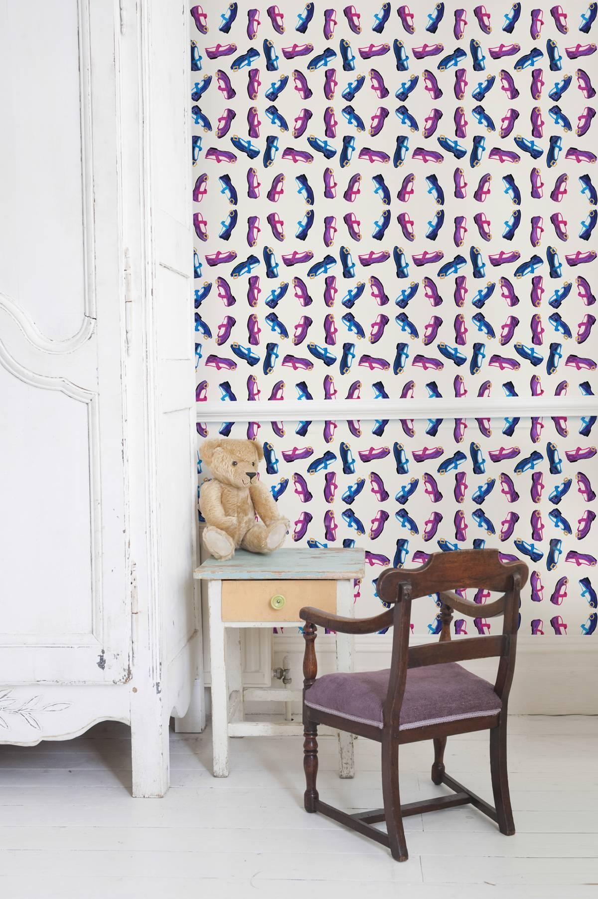 Shoes wallpaper is created by Laura Gulshani for Flat Space design.

This is from the for the Very Young collection.

Available in five different colors.

£80 pounds per linear metre. Min order 5 liner metres. 

Laura Gulshani is a fashion