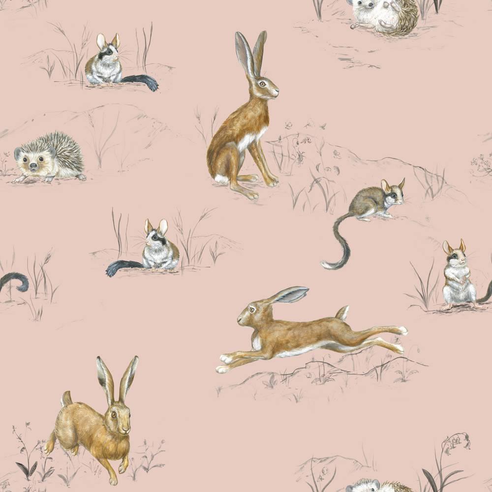 Hare, Hedgehog and Dormouse wallpaper is created by Frederick Wimsett for Flat Space Design. 

This is from the for the Very Young collection.

Available in five different colors.

£80 pounds per linear metre. Min order 5 liner metres.