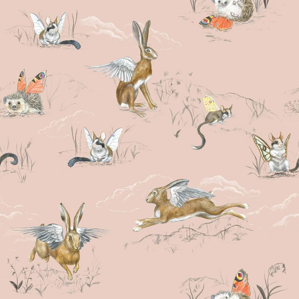 Winged hare, hedgehog and dormouse wallpaper is created By Frederick Wimsett for Flat Space Design. 

This is from the For the Very Young collection.

Available in five different colors.

£80 pounds per linear metre. Min order 5 liner metres.