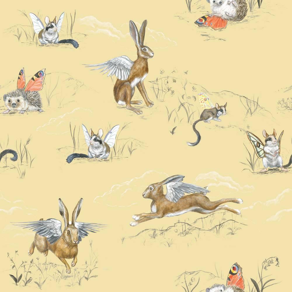 Contemporary Winged Hare, Hedgehog and Dormouse, Wallpaper from the for the Very Young For Sale