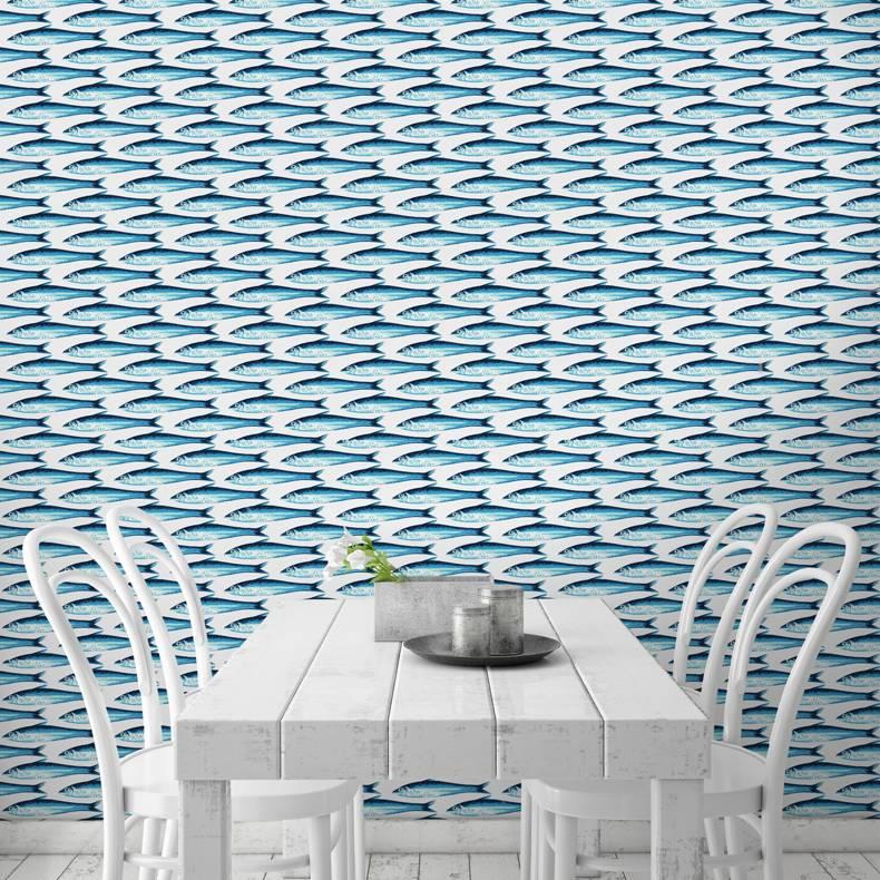 Pilchards is created by Ali Burnett for flat space design. 

This is from the nature collection.

Available in two different colors/designs: white and blue.

£80 pounds per linear metre. Min order 5 liner metres. 

Ali Burnett is a