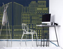 Doodle City Navy Blue and Gold Wallpaper from the Urban and Rural Collection