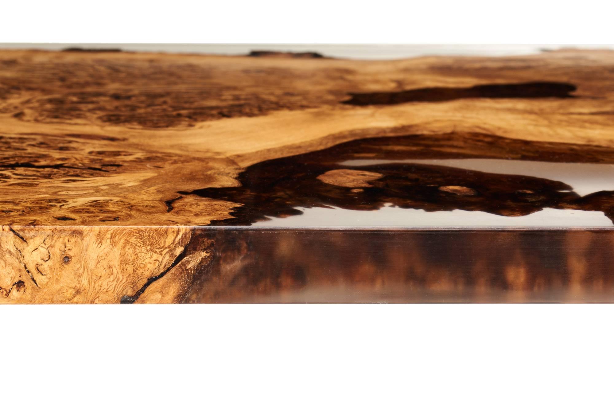 Burl Contemporary Coffee Table in Oak Burr and Resin on Brushed Stainless Steel Base For Sale