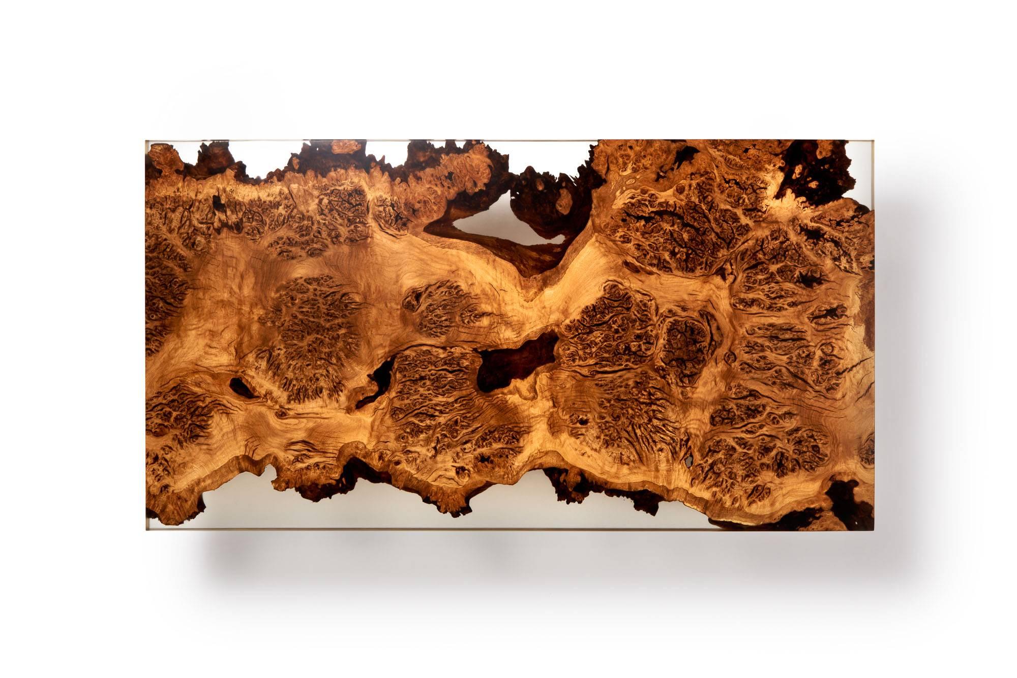British Contemporary Coffee Table in Oak Burr and Resin on Brushed Stainless Steel Base For Sale