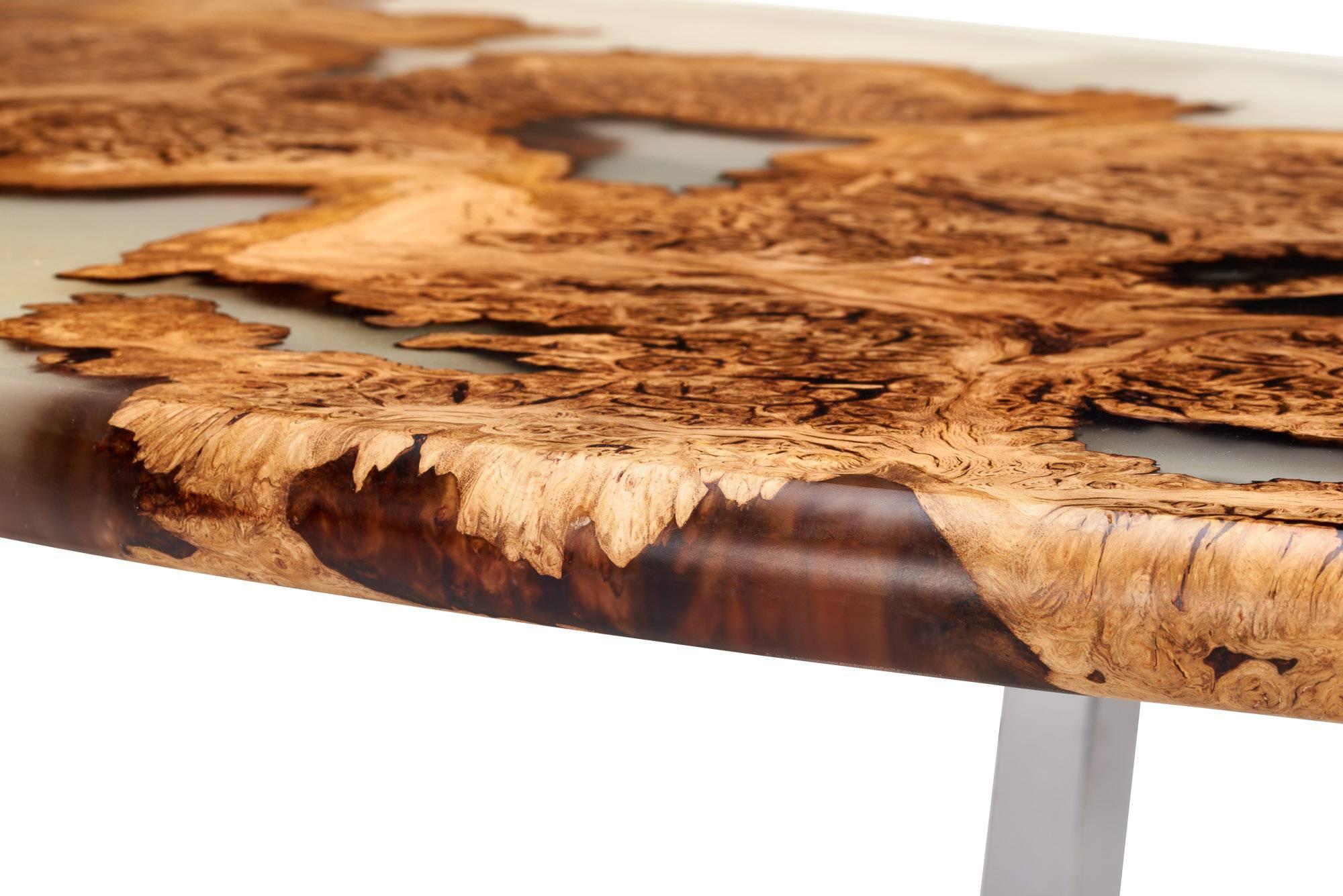 Contemporary Oval Coffee Table in Oak Burr and Resin Cast on a Chrome Base For Sale 1