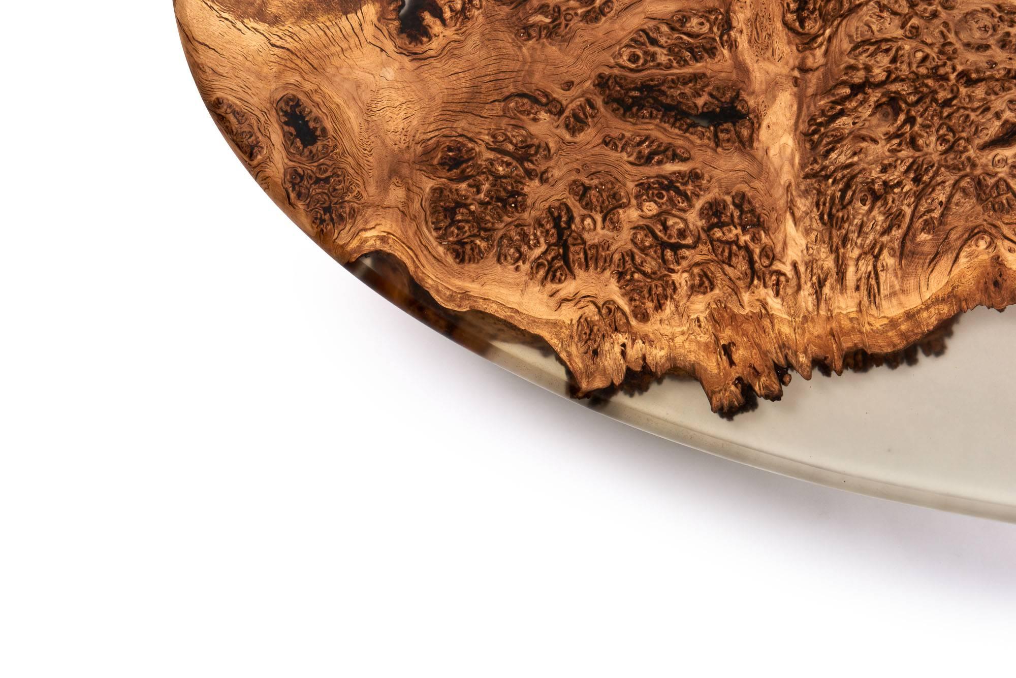 Contemporary Oval Coffee Table in Oak Burr and Resin Cast on a Chrome Base For Sale 3