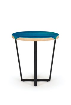 Contemporary Side Table Ash Glazed with Blue Resin on Powder Coated Steel Base