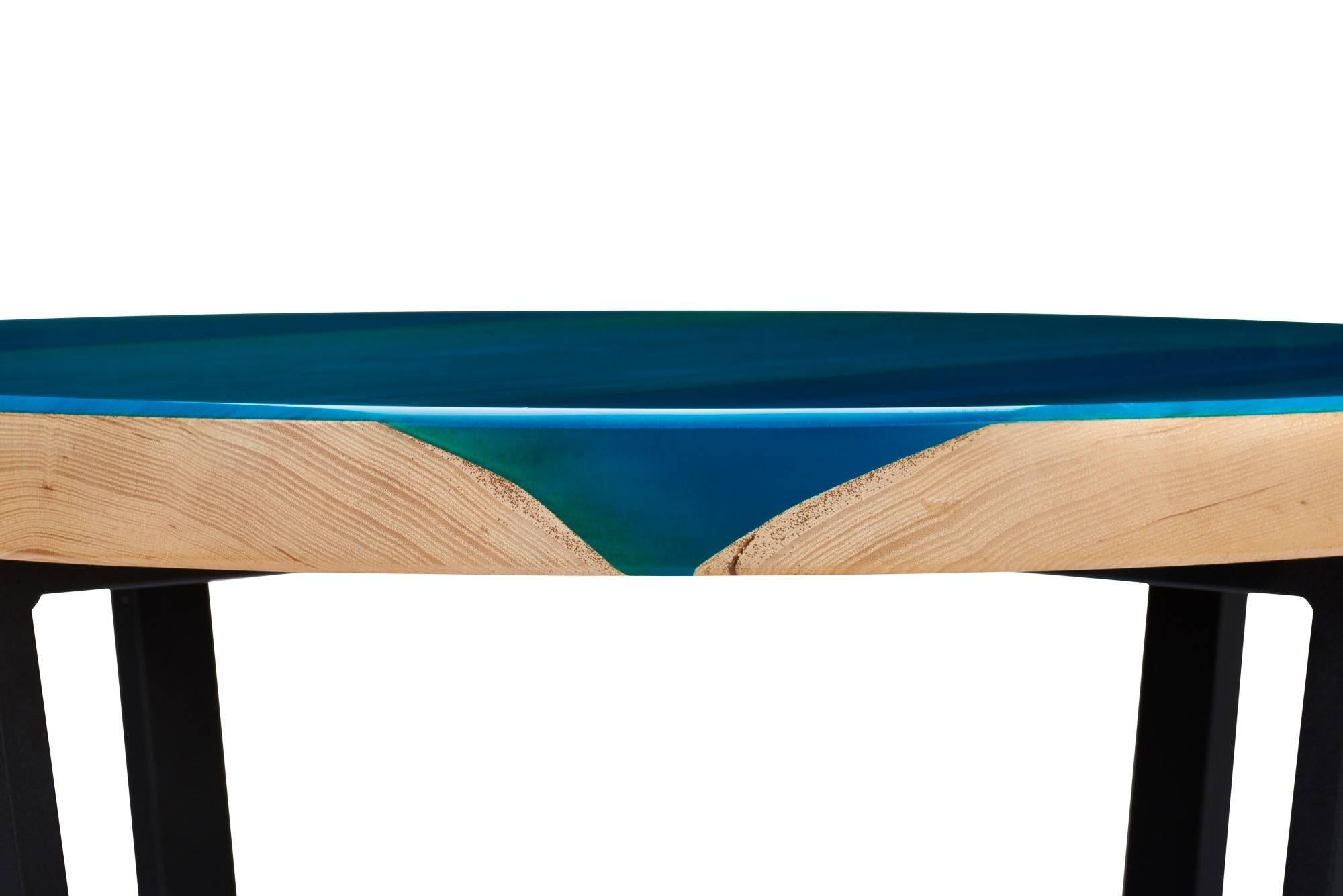 British Contemporary Side Table Ash Glazed with Blue Resin on Powder Coated Steel Base For Sale