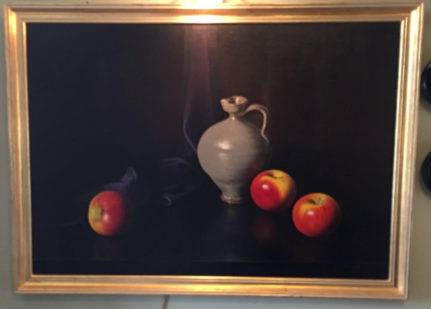 P Fortunato, Venice,
A large 20th century oil on canvas, still life of apples and a pottery wine jug 
signed and dated lower right P Fortunato, 1965, in gilt frame.
 